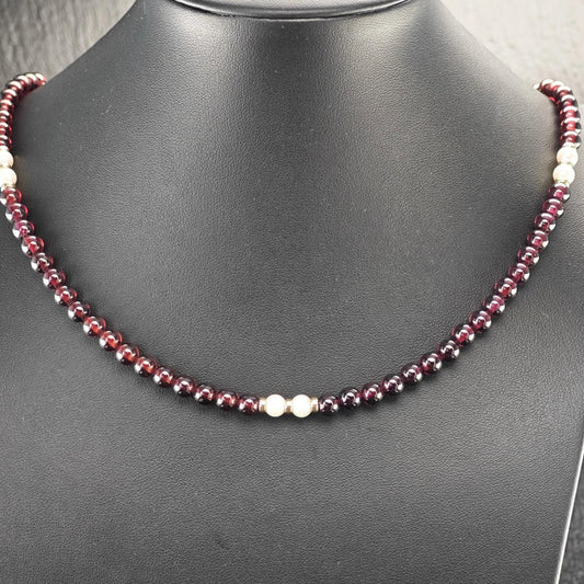 Multi-color Garnet, Pearl 14k Gold Clasp, Beaded Necklace Sterling Silver N2471