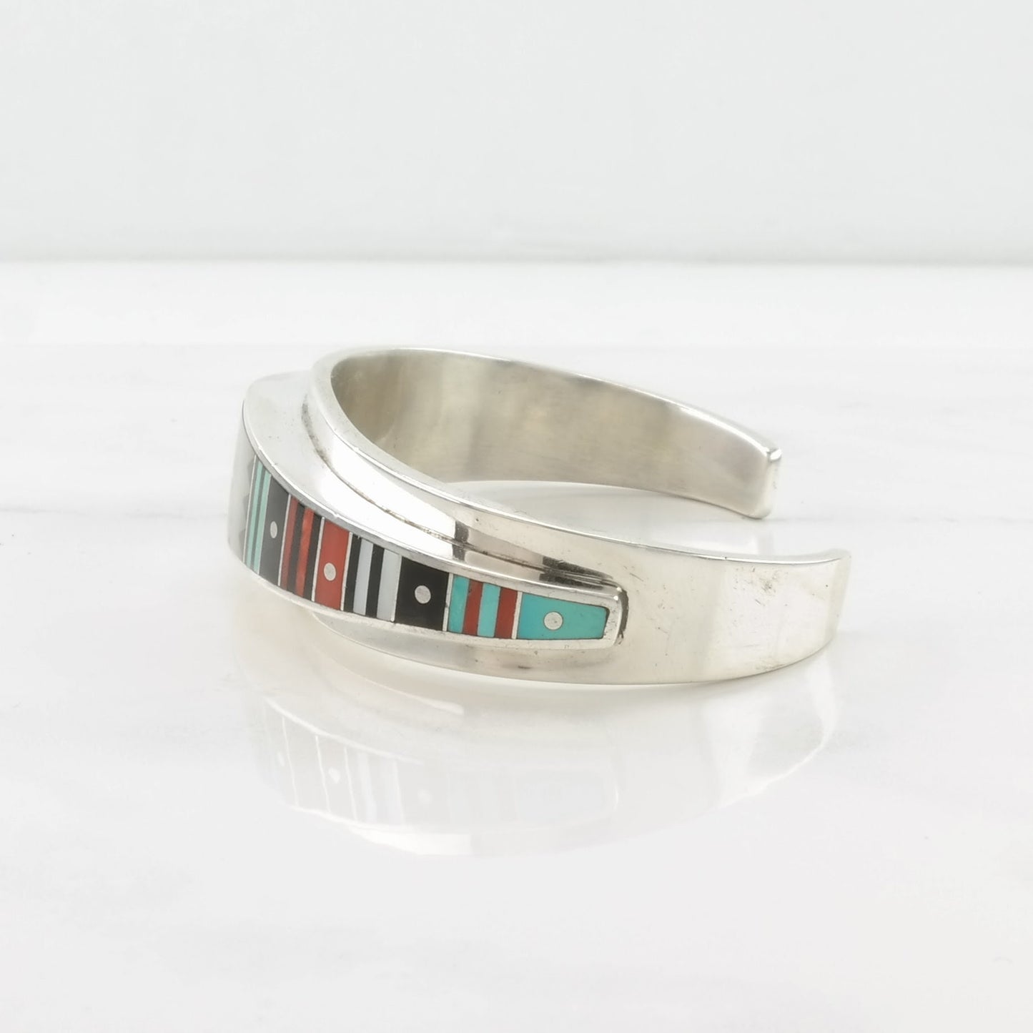 Native American, Benally Sterling Silver Cuff Bracelet MOP, Onyx, Turquoise, Coral Inlay