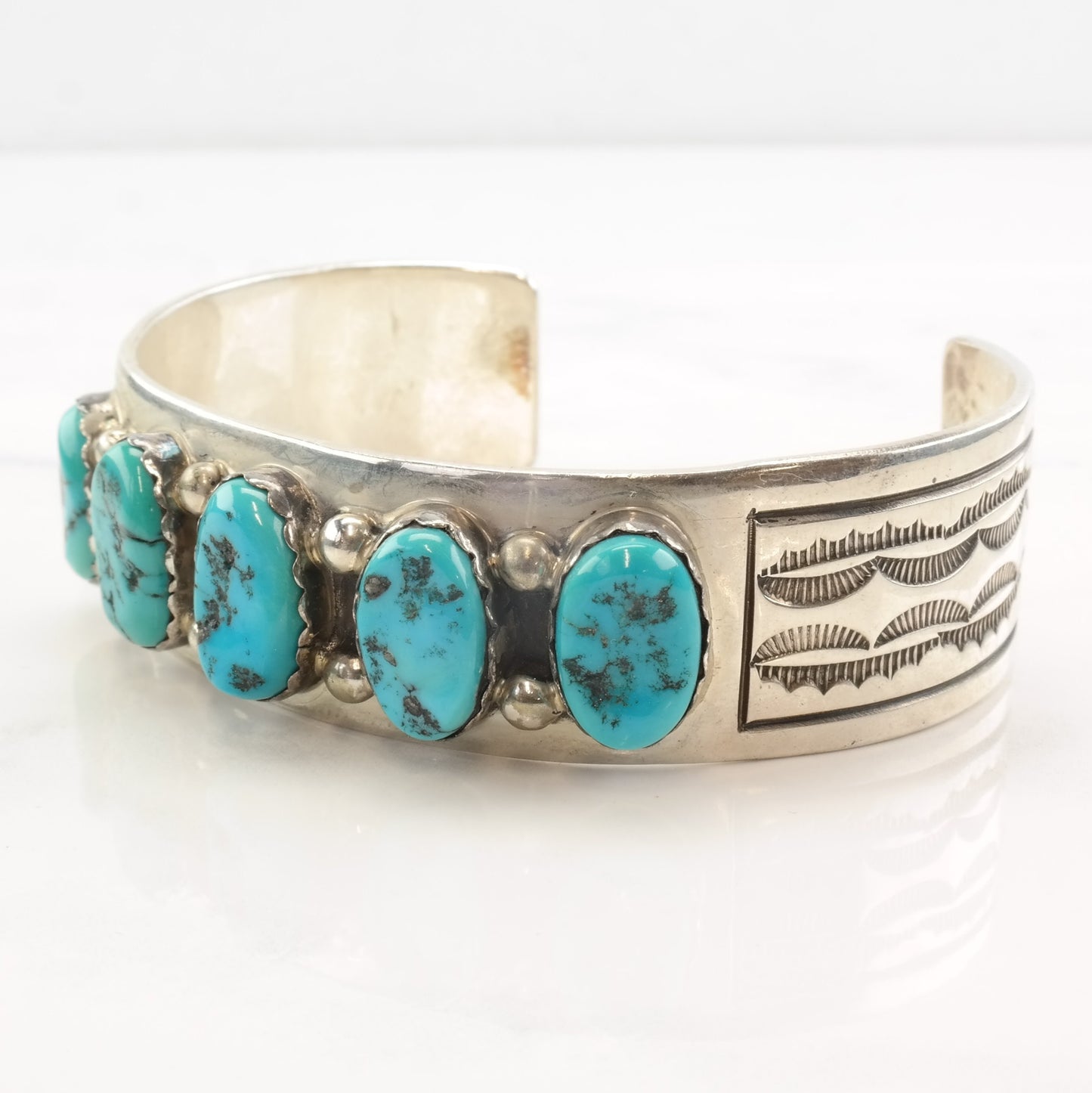 Native American Sterling Silver Turquoise Cluster Nuggets Cuff Bracelet