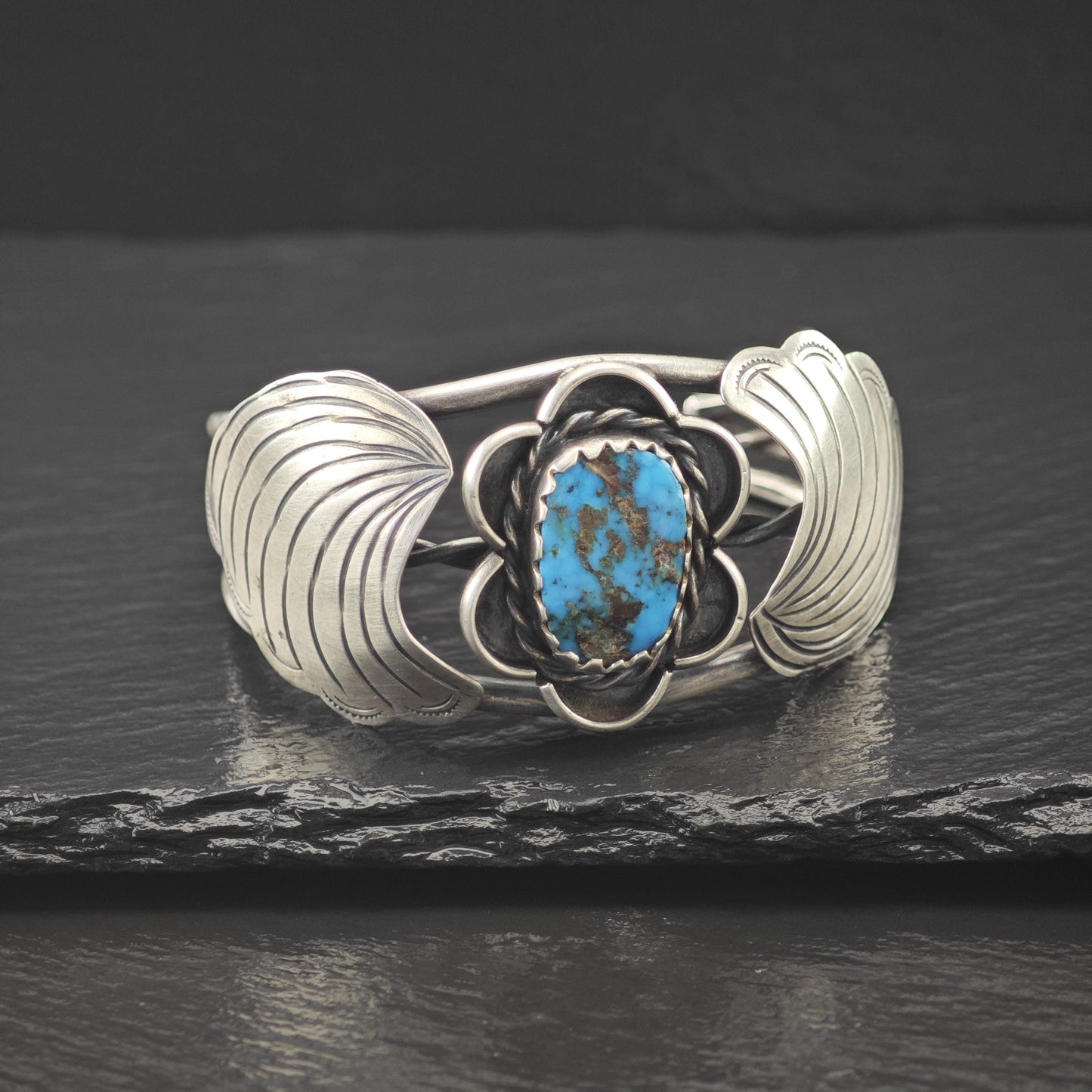 Signed Native American Bisbee Turquoise Floral Cuff Bracelet Sterling Silver