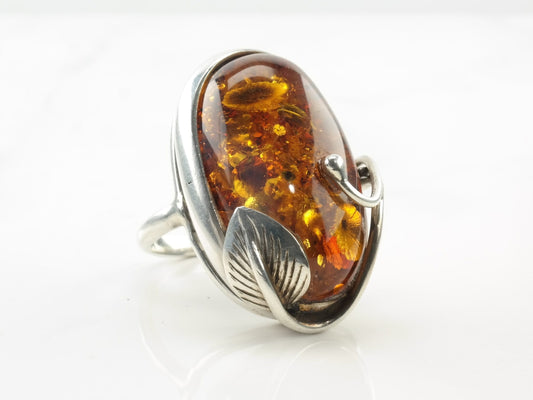 Sterling Silver Ring Amber Oval Leaf Size 7 3/4