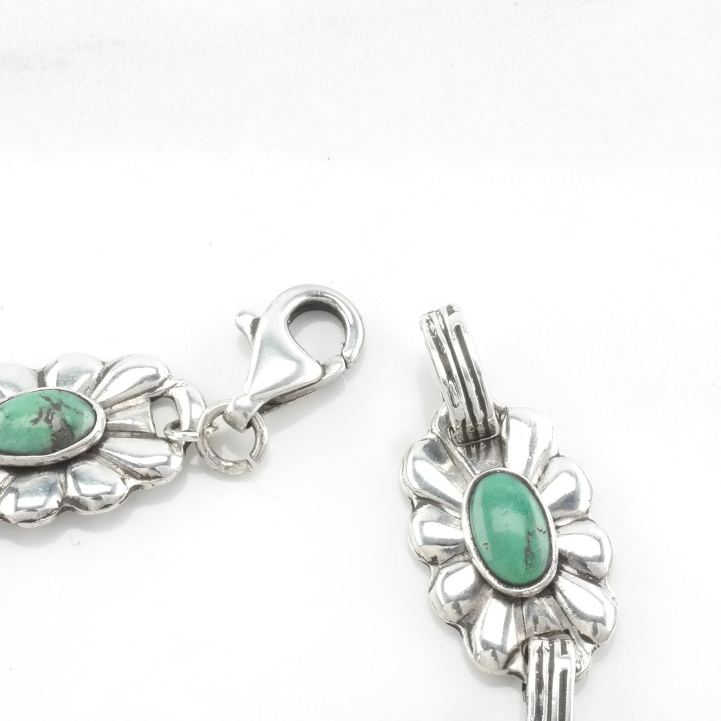 Fred Harvey Era Sterling Silver Link Bracelet Green Turquoise Floral