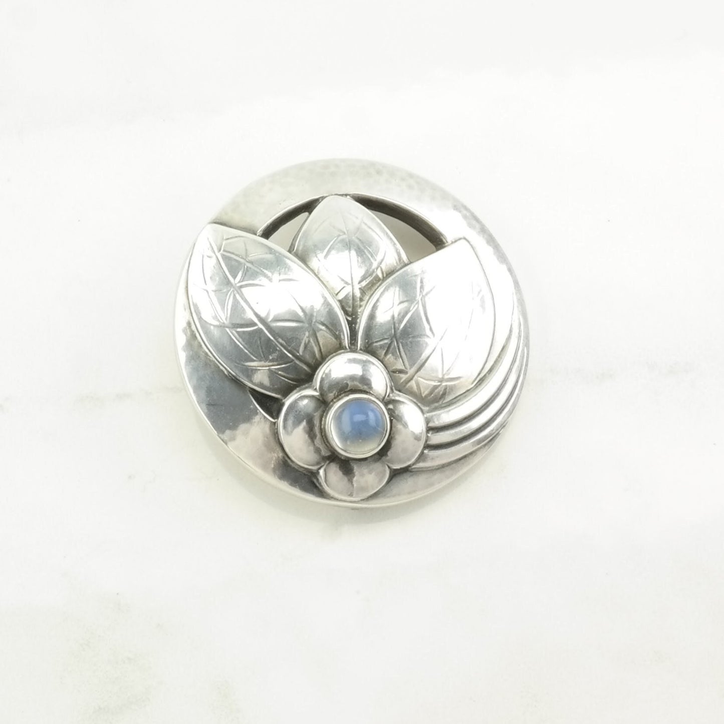 Vintage Georg Jensen Sterling Silver Brooch 127 Moonstone, Floral