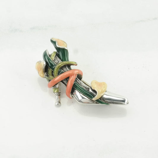 Kenneth Jay Lane Sterling Silver Brooch Flowers, Shoe Enamel