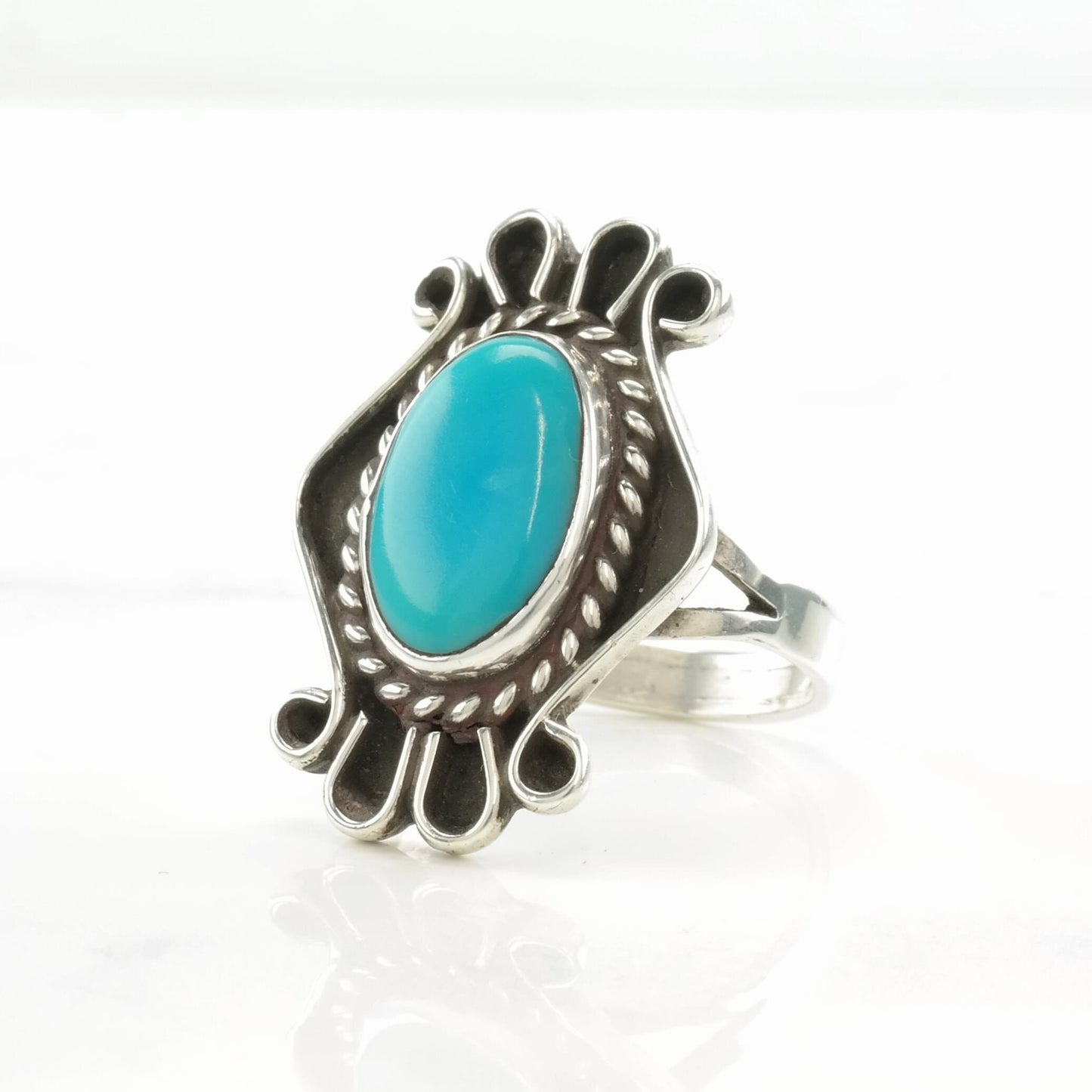 Southwest Silver Ring Turquoise Shadowbox Sterling Size 8