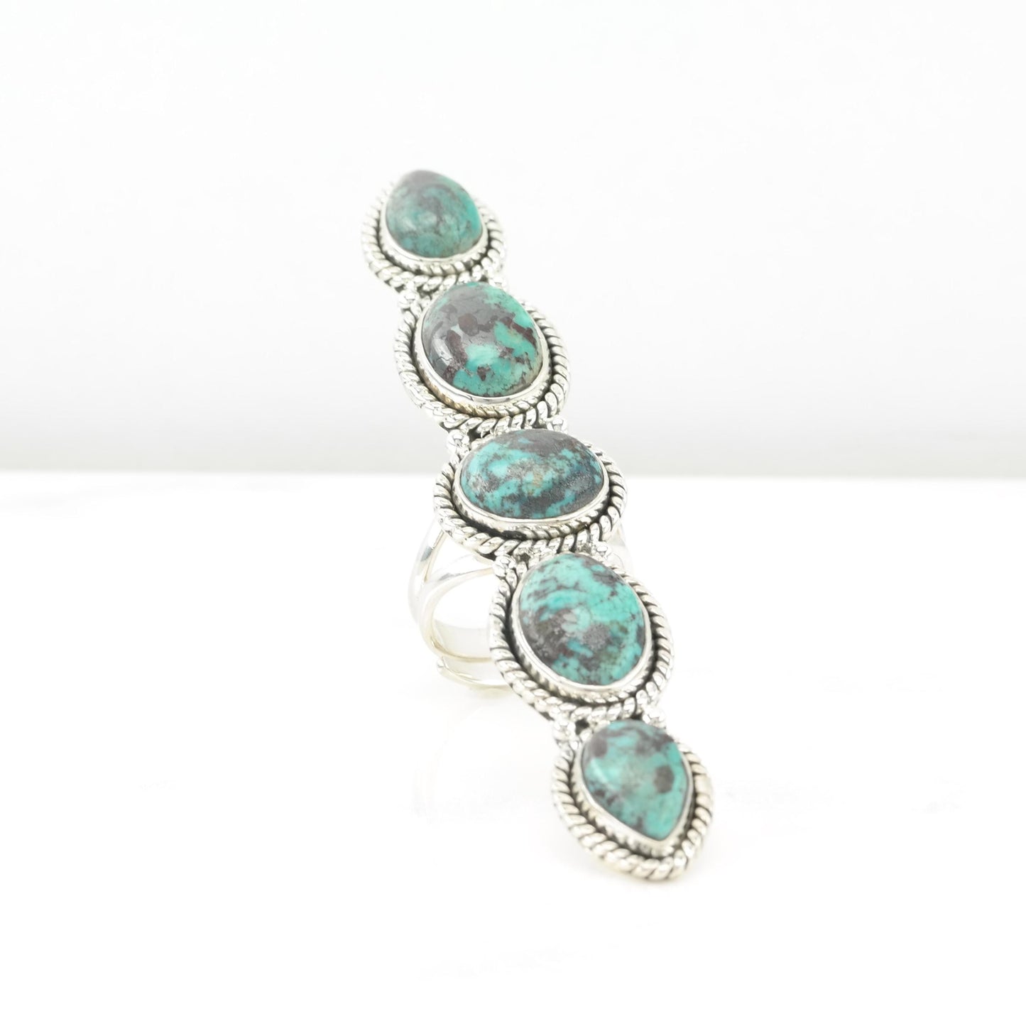 Vintage Turquoise Long Navette Ring Sterling Silver Adjustable