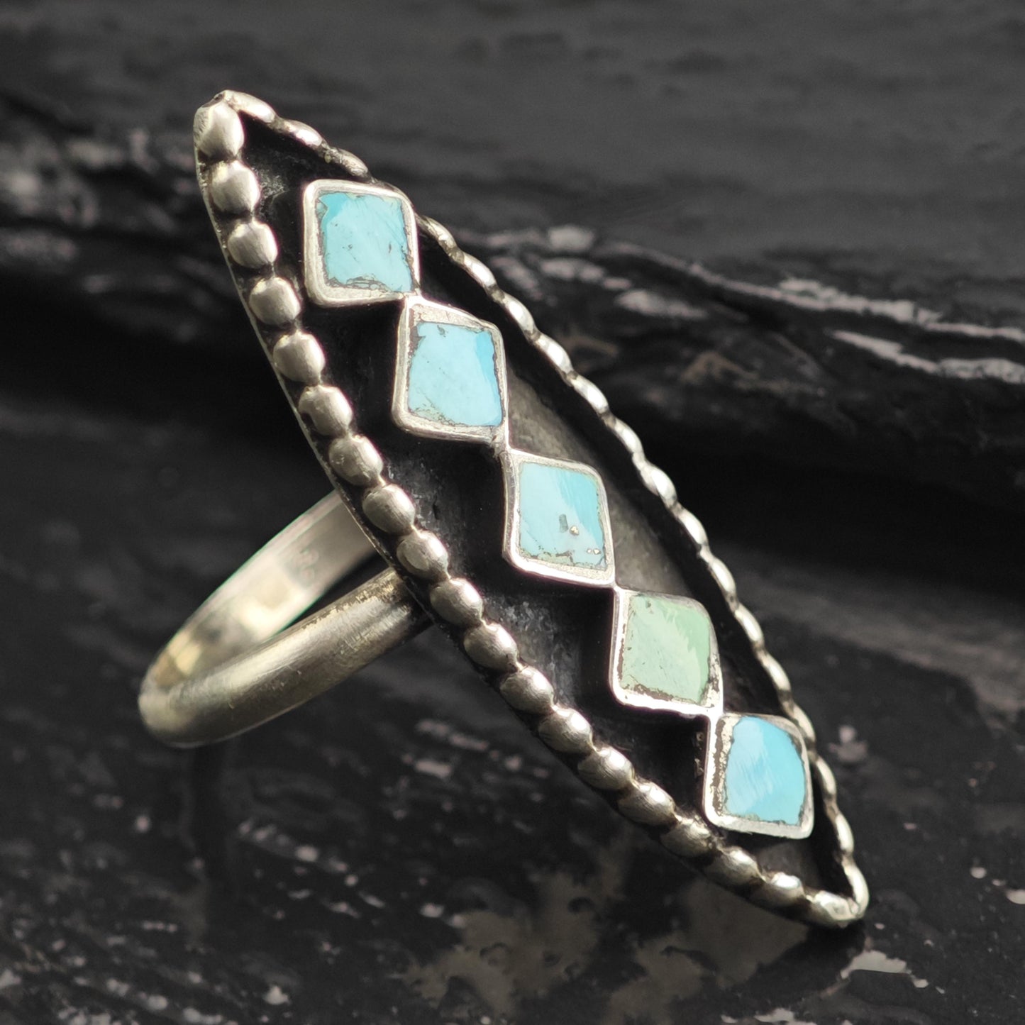 Zuni Square Turquoise Marquis Shape Sterling Silver Ring Sz 5 3/4 R6656