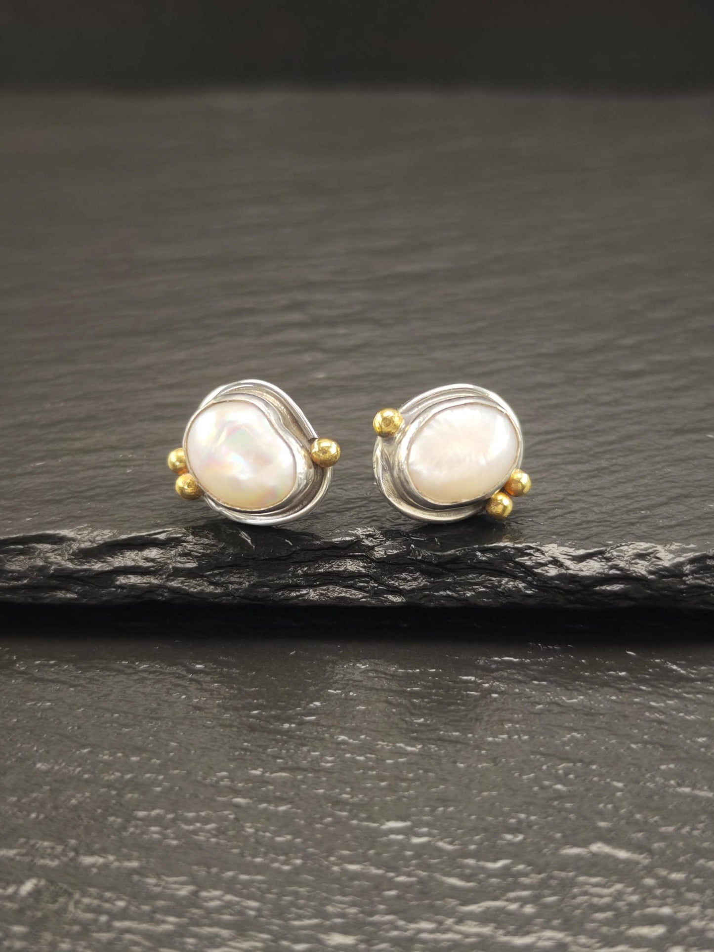 Vintage Sterling Silver Stud Earrings with 22K Gold Pearl Designer Elegance