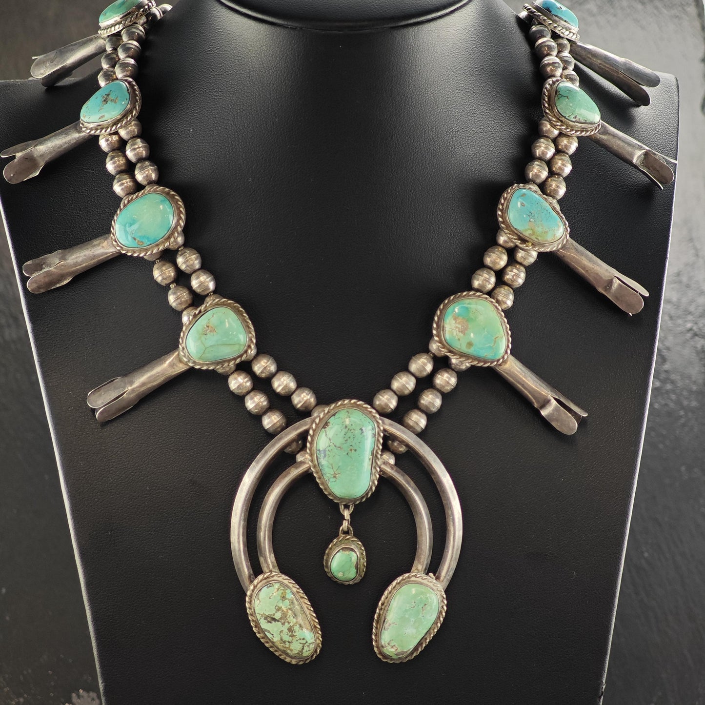 Vintage Southwest Turquoise Sterling Silver Squash Blossom Necklace N2720