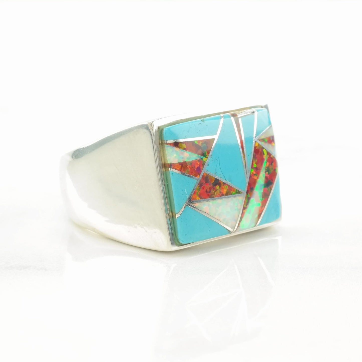 Southwest Silver Ring Turquoise Lab Opal Inlay Sterling Size 10 3/4