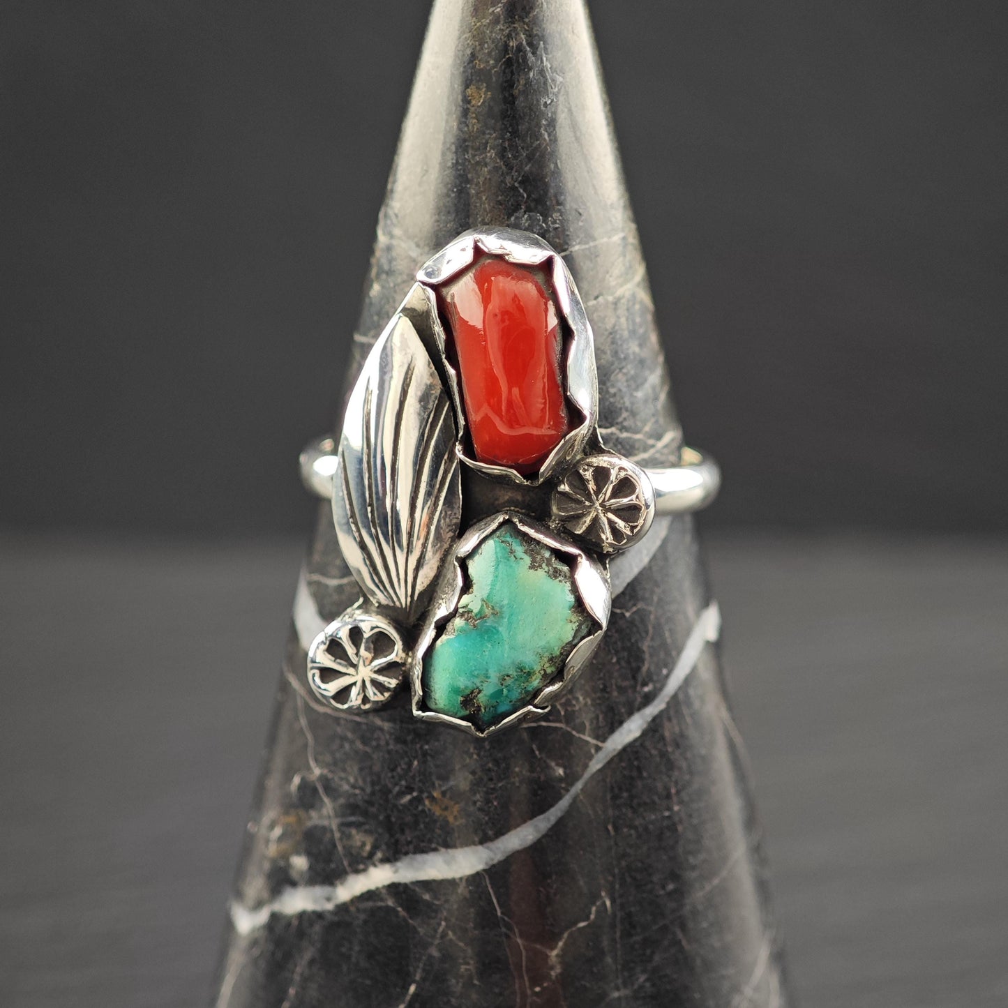 Turquoise, Coral Floral Ring Sterling Silver R5819