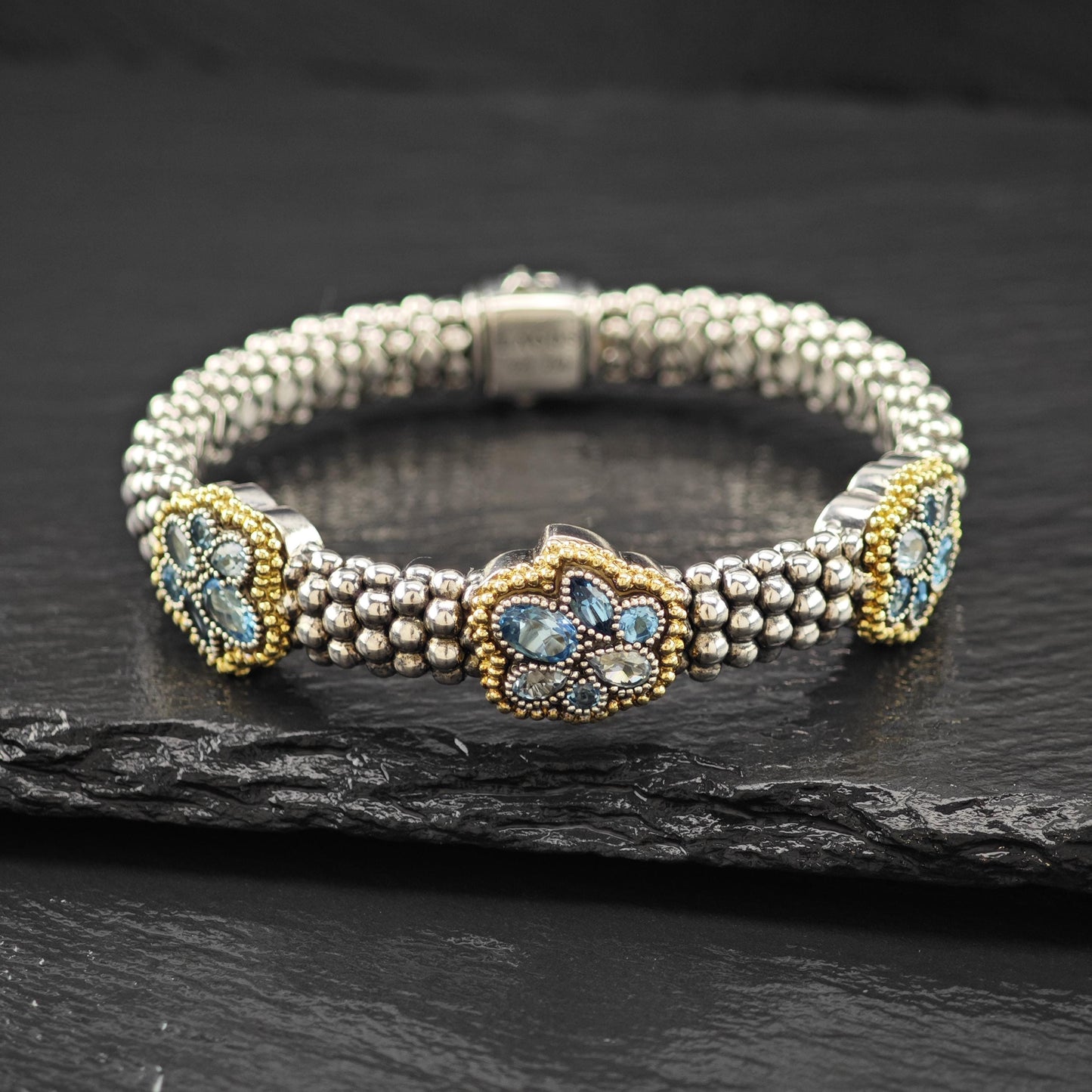 LAGOS 18K Yellow Gold, Blue Topaz Caviar Bracelet Sterling Silver Sz 6 1/4"