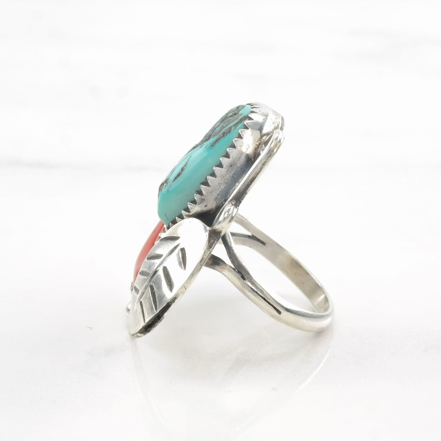 Native American Ring Turquoise, Coral Feather Sterling Silver Size 5 1/2