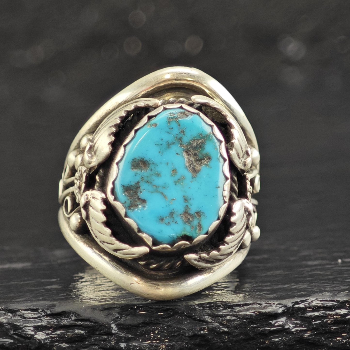 Native American Turquoise & Leaf Design Sterling Silver Ring Sz 10 3/4 R6591