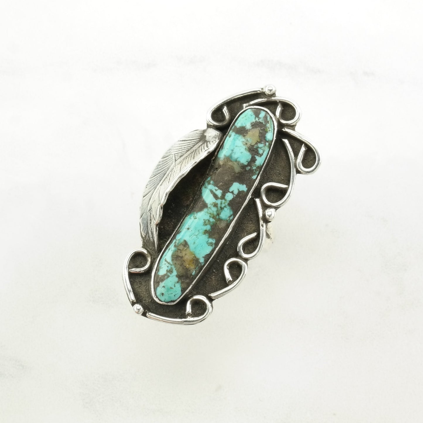 Native American Silver Ring Turquoise Leaf, Large Sterling Blue Size 6 3/4