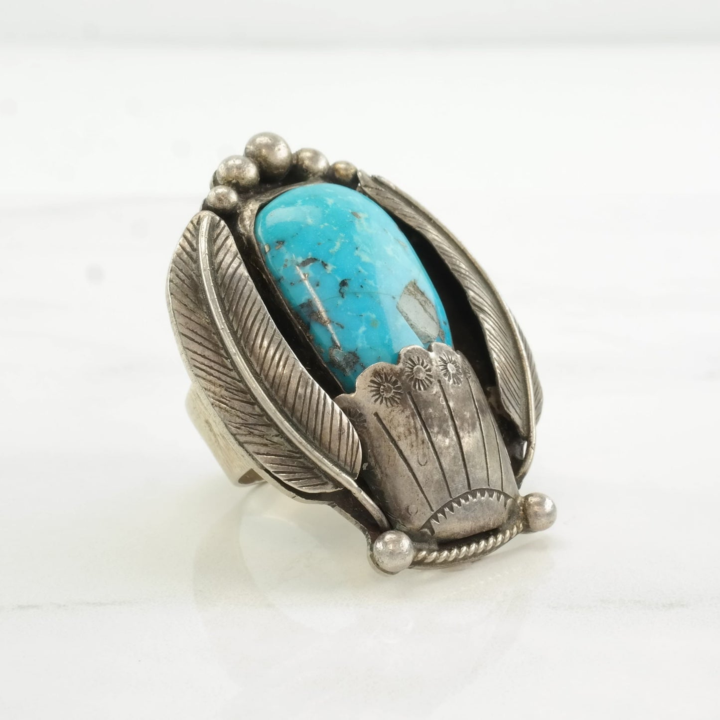 Native American Silver Ring Turquoise Feather, Stamped Sterling Size 7