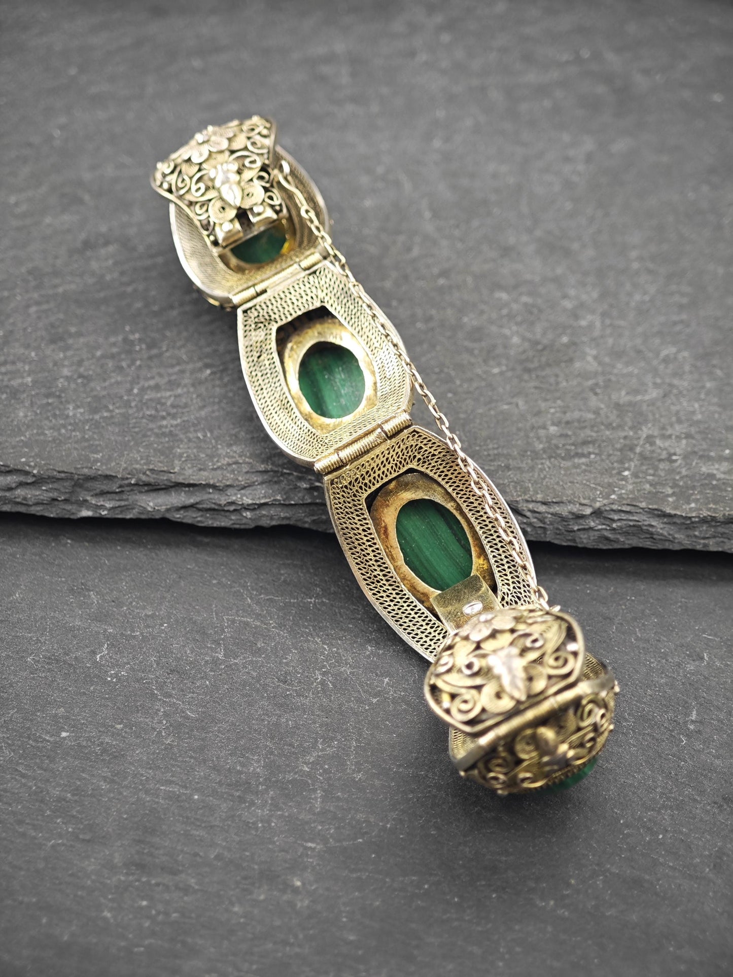 Chinese Silver Gilt Filigree, Malachite Panel Bracelet Sterling Silver