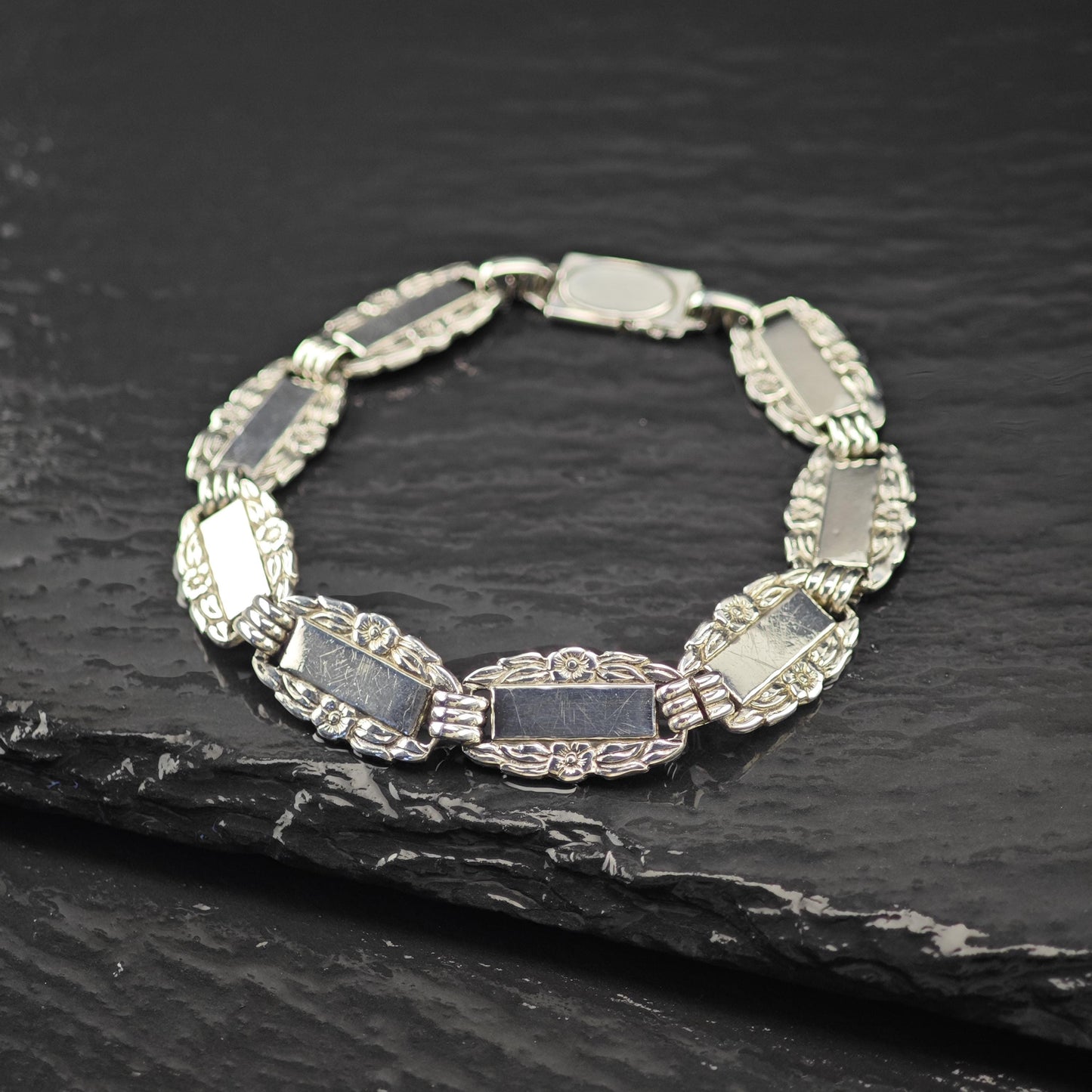 WWII Forget Me Not Link Bracelet Sterling Silver Size 6 3/4"