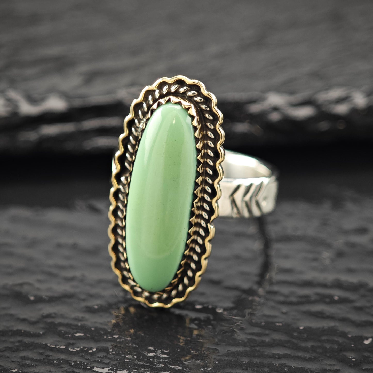 Long DTR Green Variscite Ring Sterling Silver, Brass Accent Sz 7 R5949