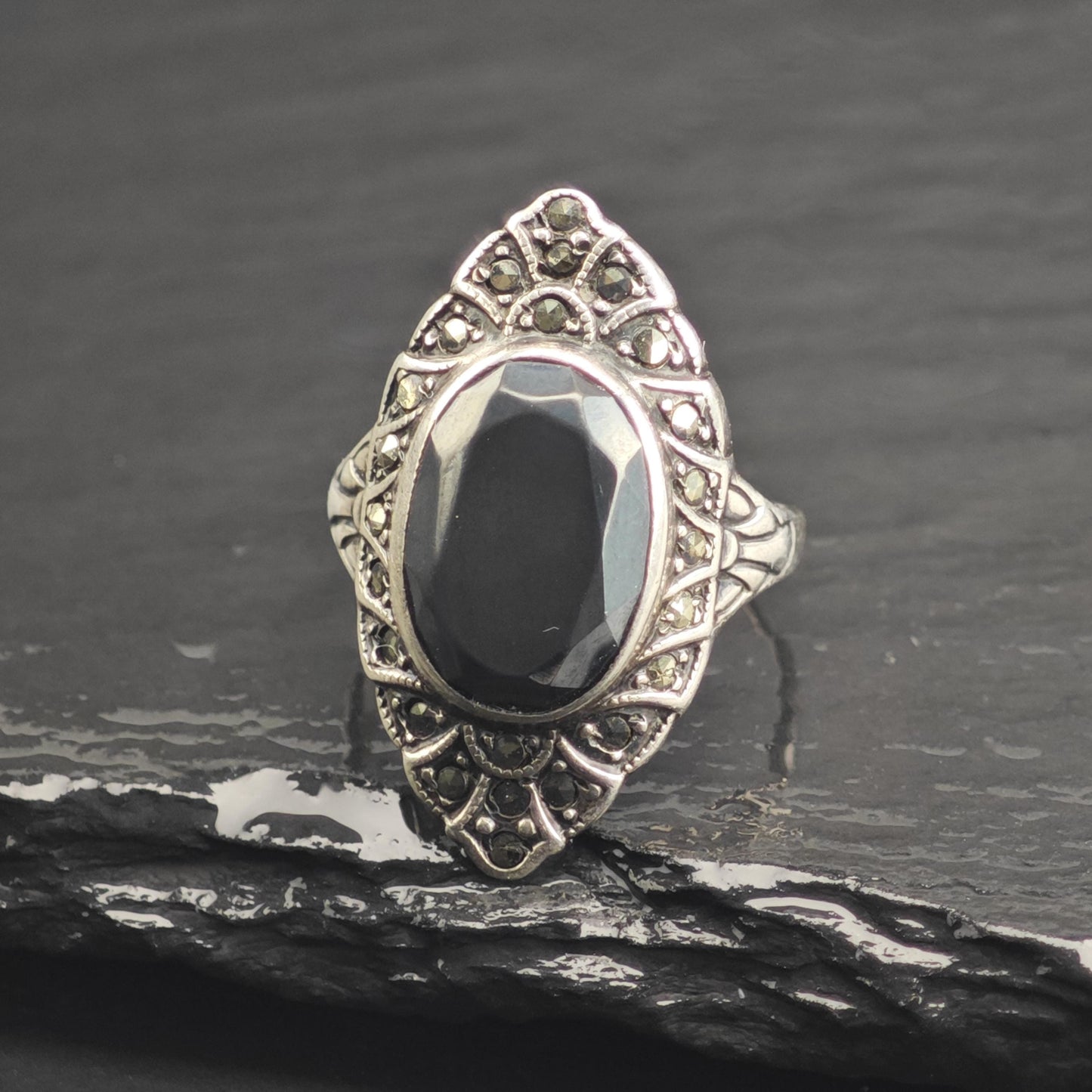 Art Deco Hematite Marcasite Sterling Silver Ring Sz 7 R6676