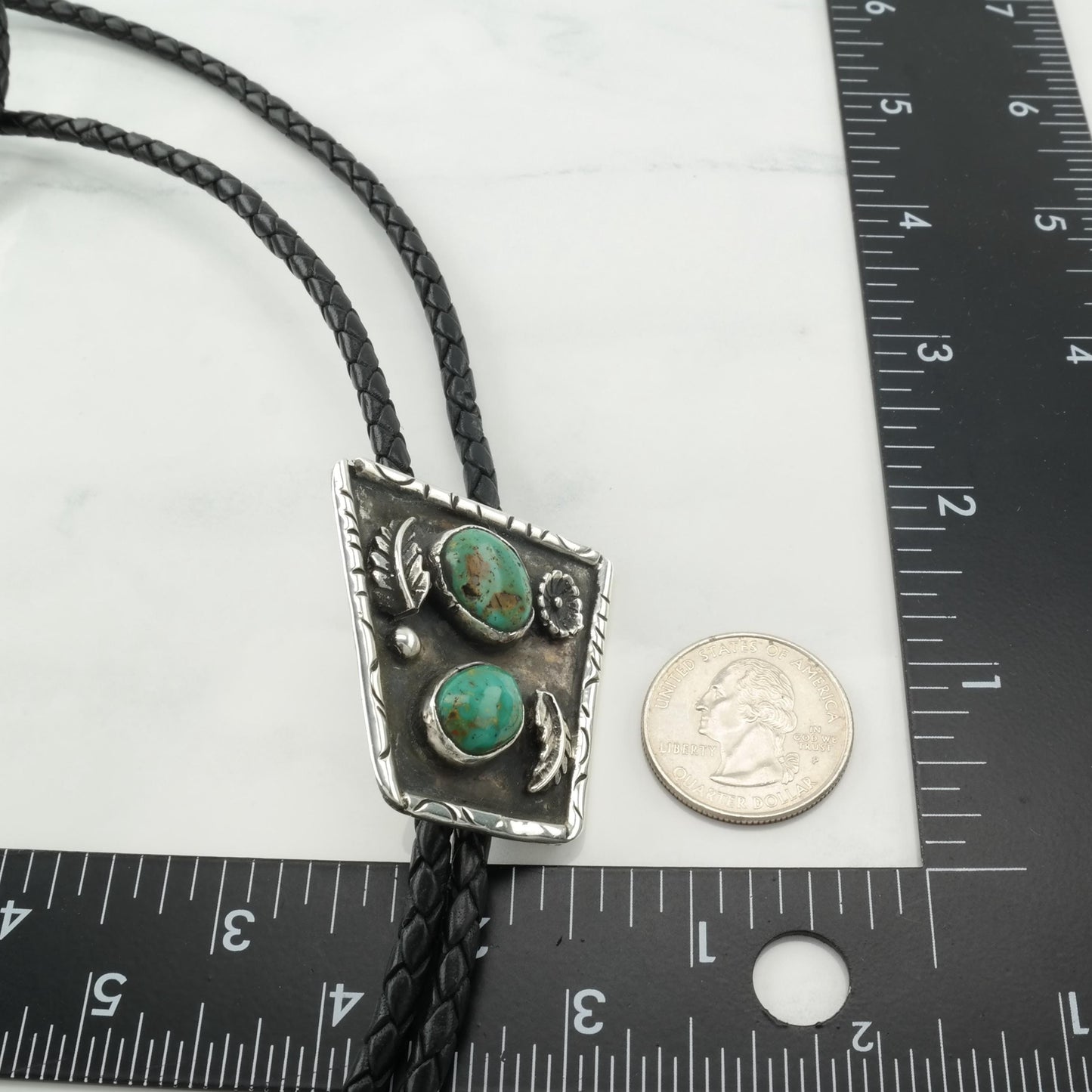 Green Turquoise Two Stone Bolo Tie Necklace Southwest Sterling Silver Vintage