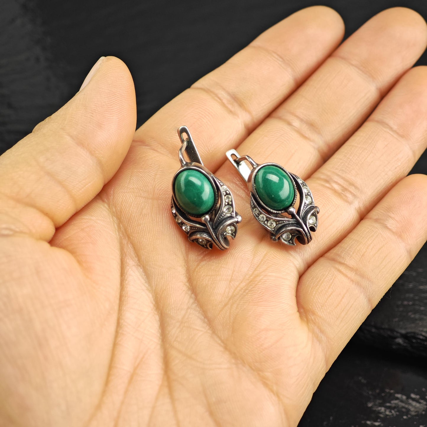 European, Art Deco St Green Malachite Rhinestone Sterling Silver Latch Earrings ER3118