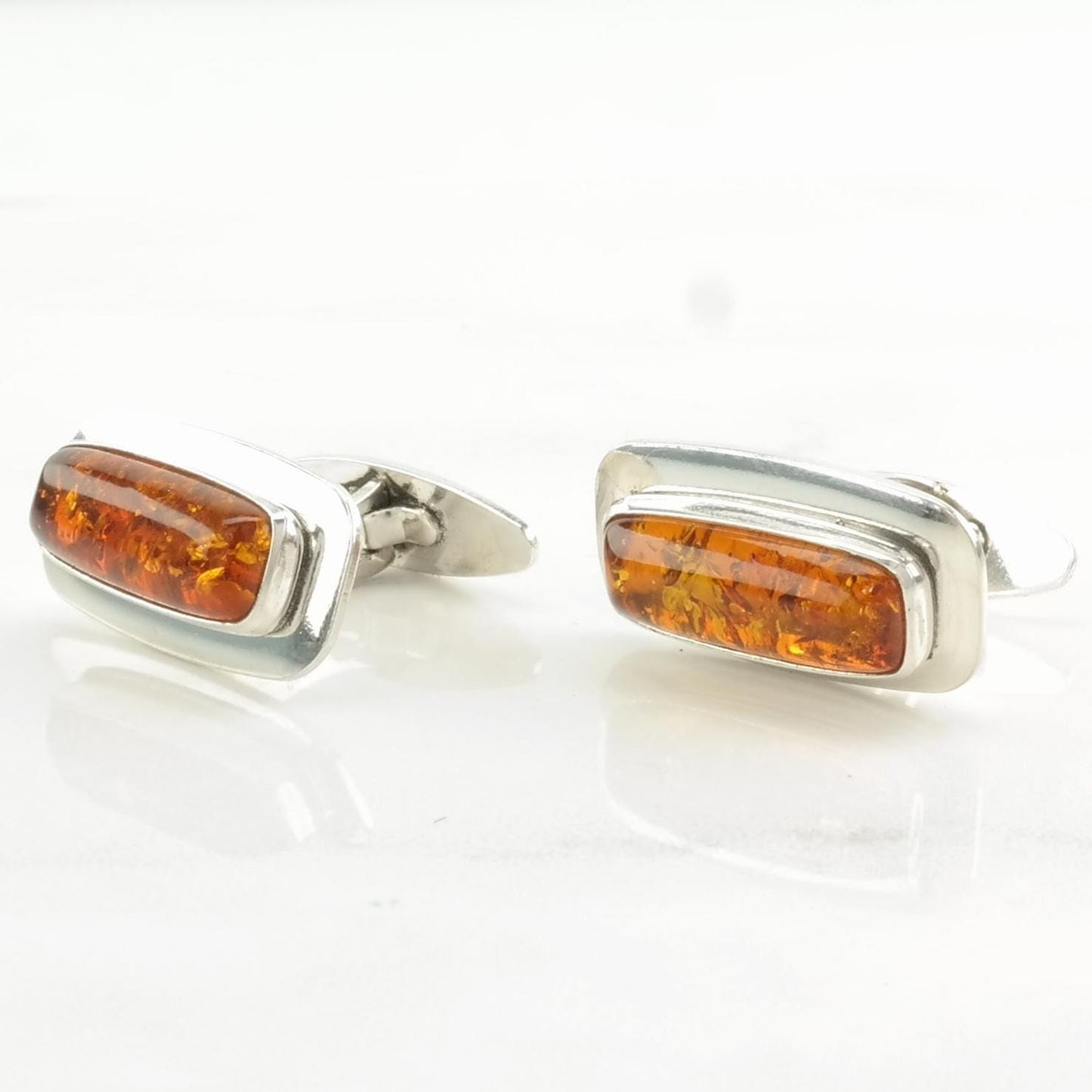 Vintage Orange Amber Modernist Sterling Silver Cufflinks