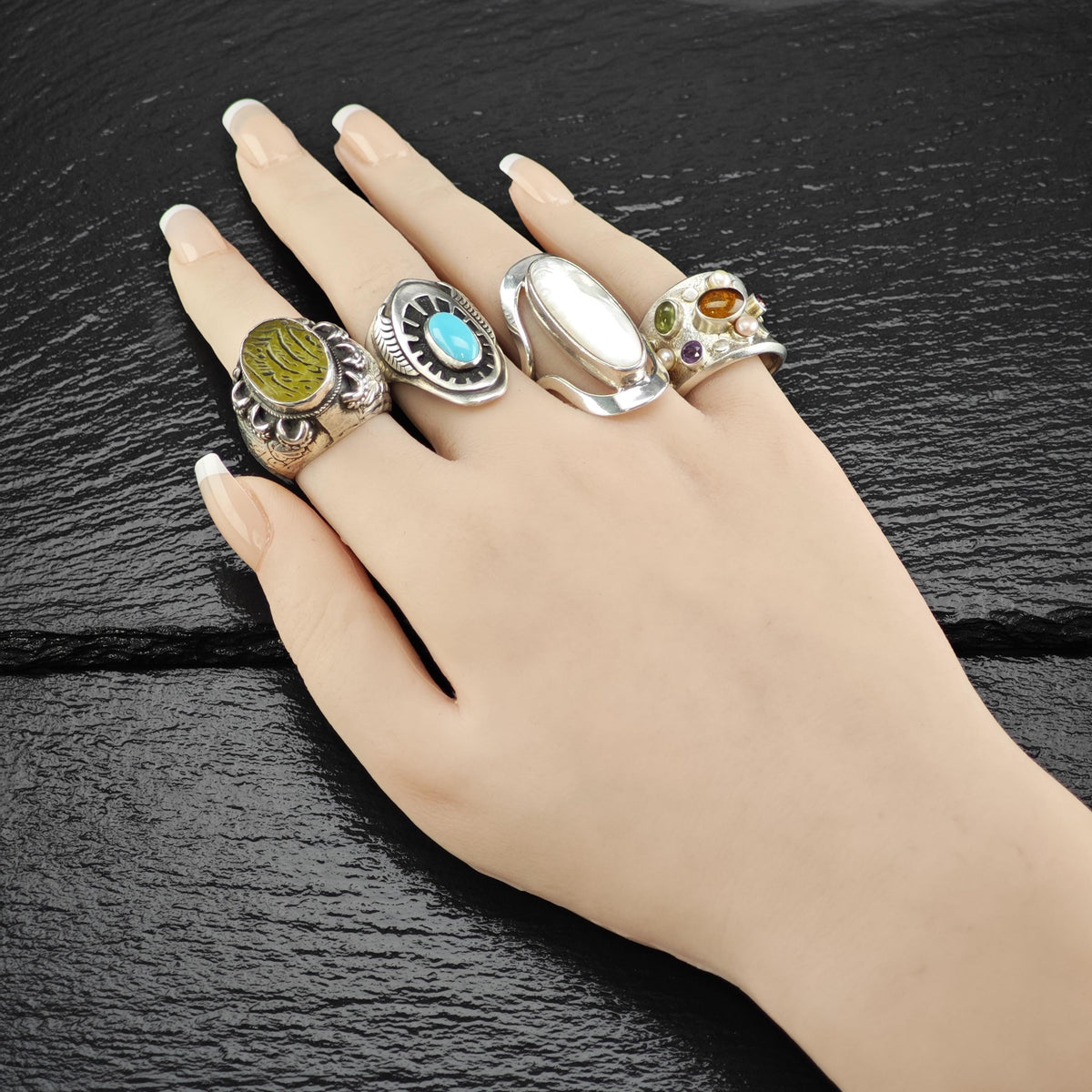Multistone Abstract Band Sterling Silver Ring Sz 8 R6879