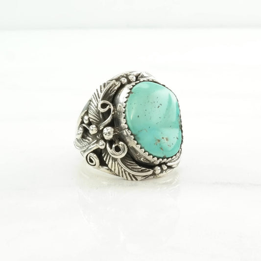 Native American Silver Ring Turquoise Floral Sterling Blue Size 10 3/4