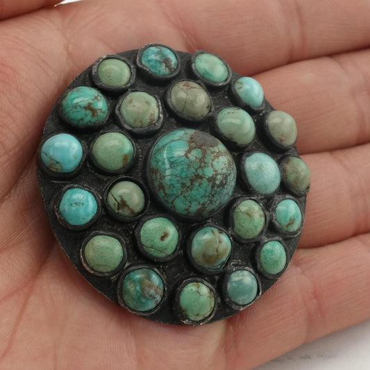 Prieto Taxco Green Turquoise Brooch Sterling Silver Round