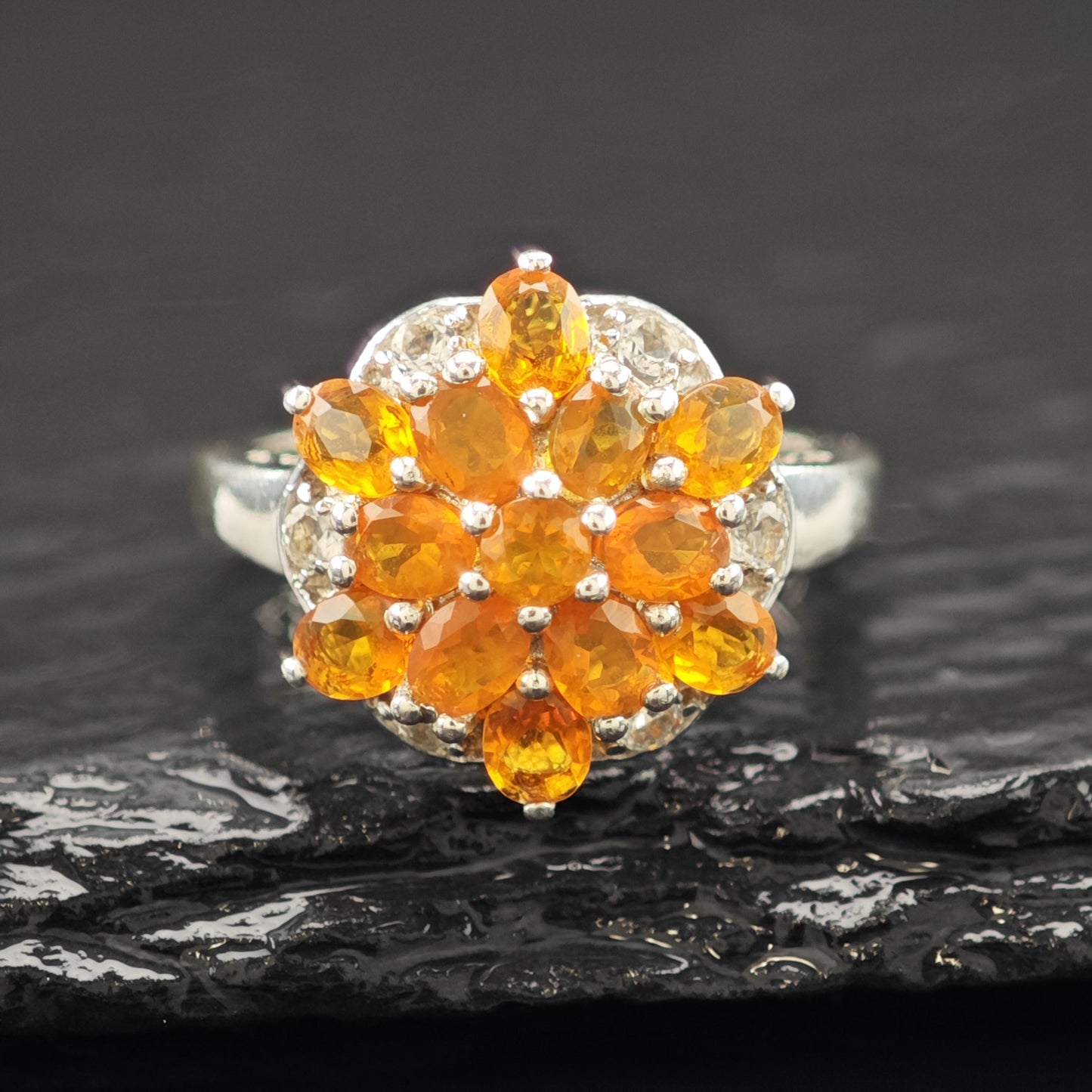 Sterling Silver Ring Orange Gemstone Cluster Size 7 R6207
