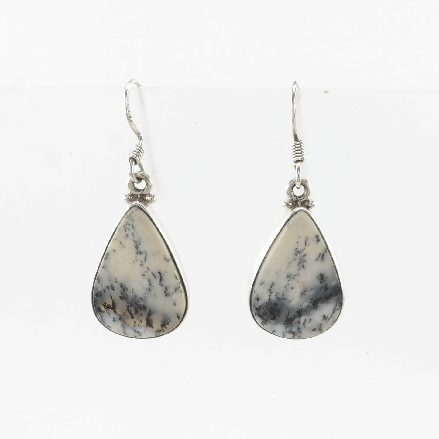 Vintage Sterling Silver Fish Hook Earrings Black, White Agate Teardrop