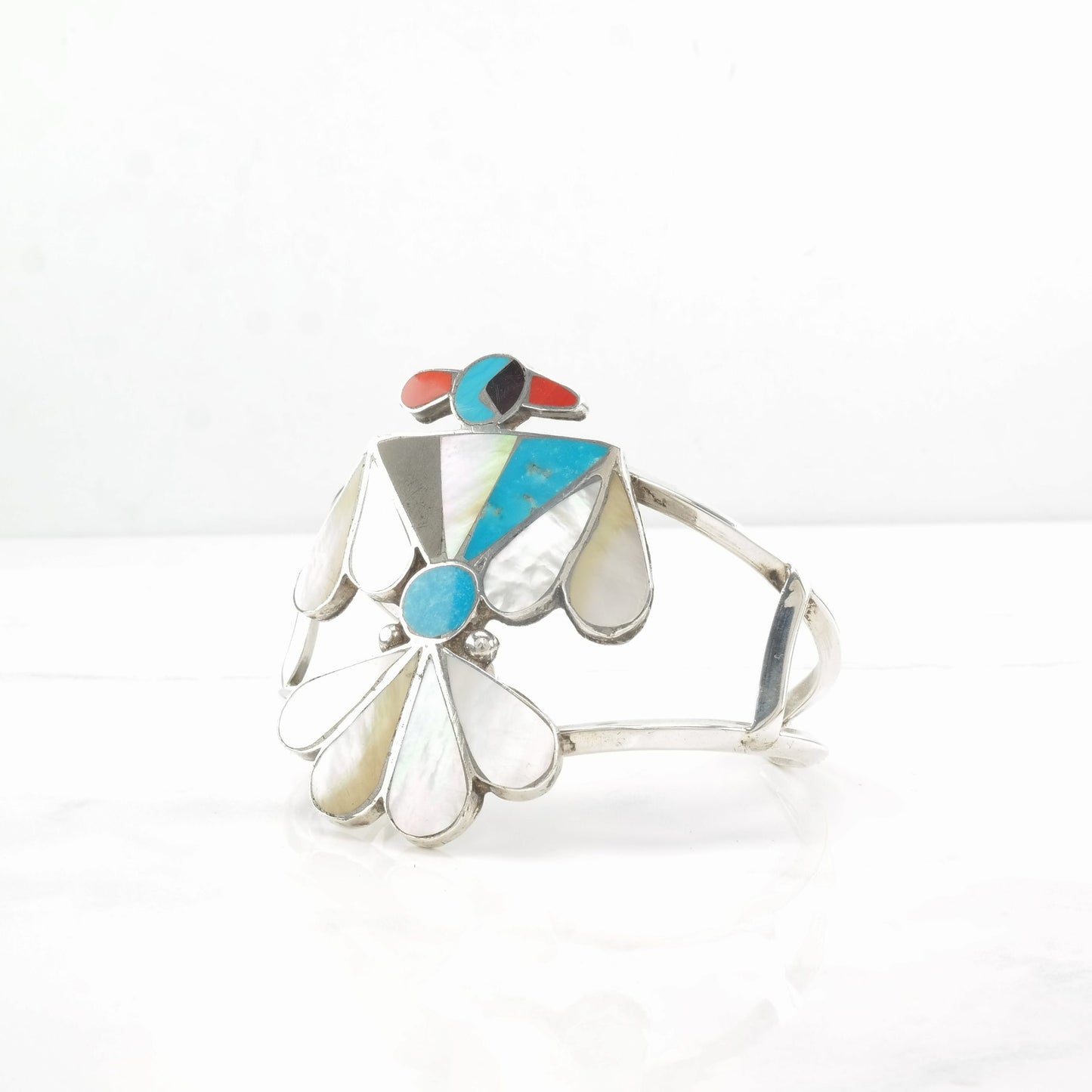 Native American Sterling Silver Cuff Bracelet MOP, Turquoise, Coral, Jet, Thunderbird