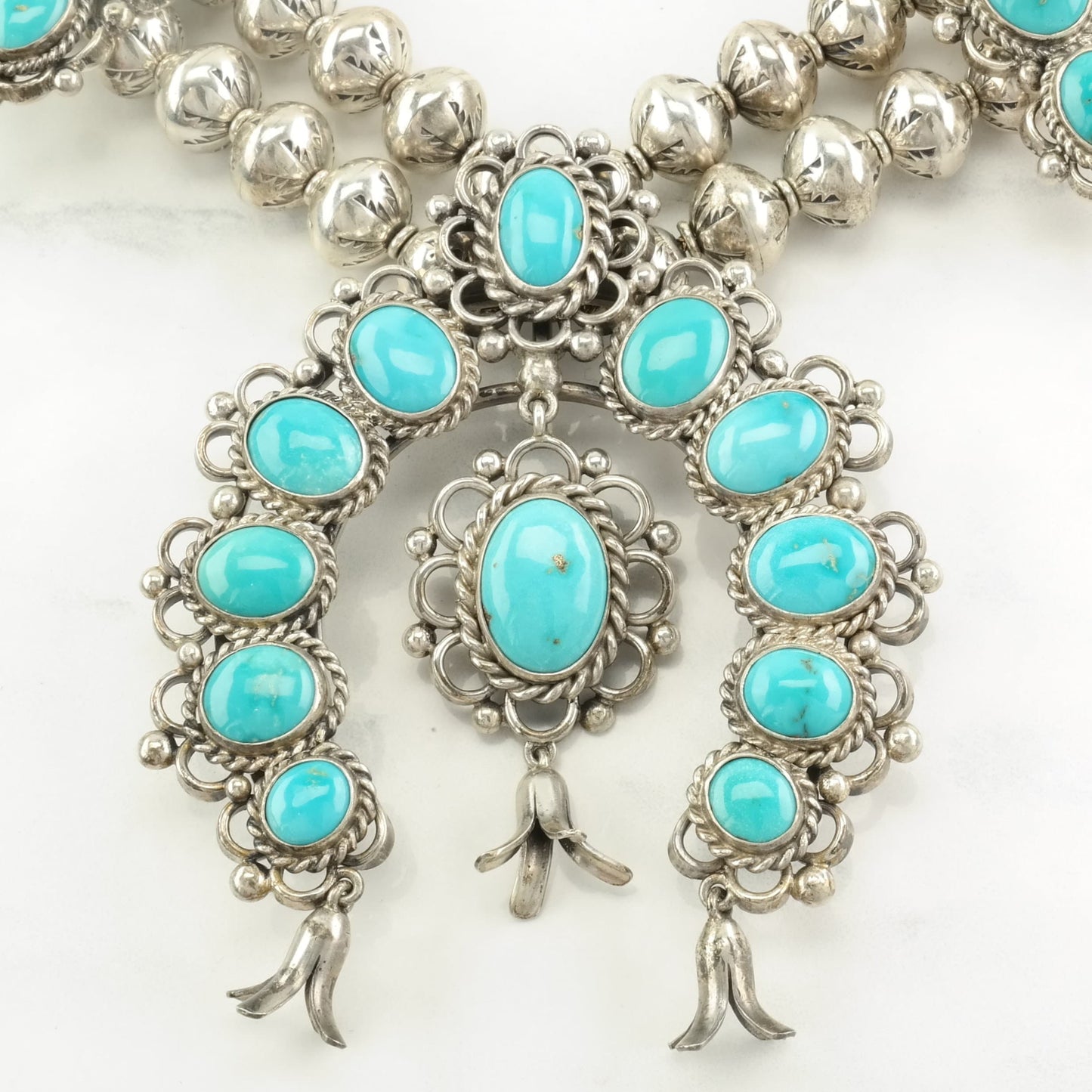 Vintage Southwest Sterling Silver Blue Turquoise Floral Squash Blossom Necklace Earrings Set