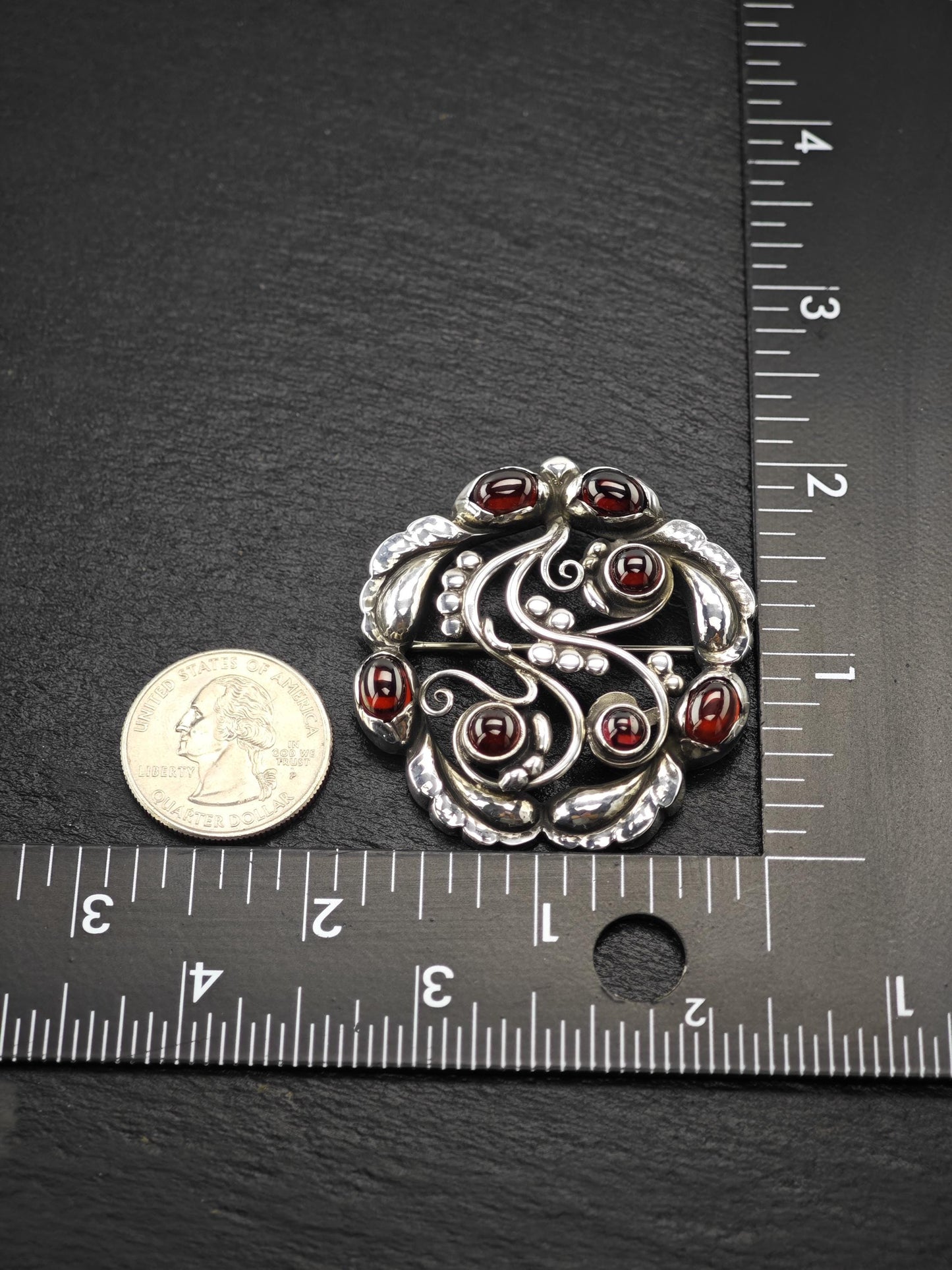 Georg Jensen 159, Garnet Moonlight Blossoms Brooch Sterling Silver