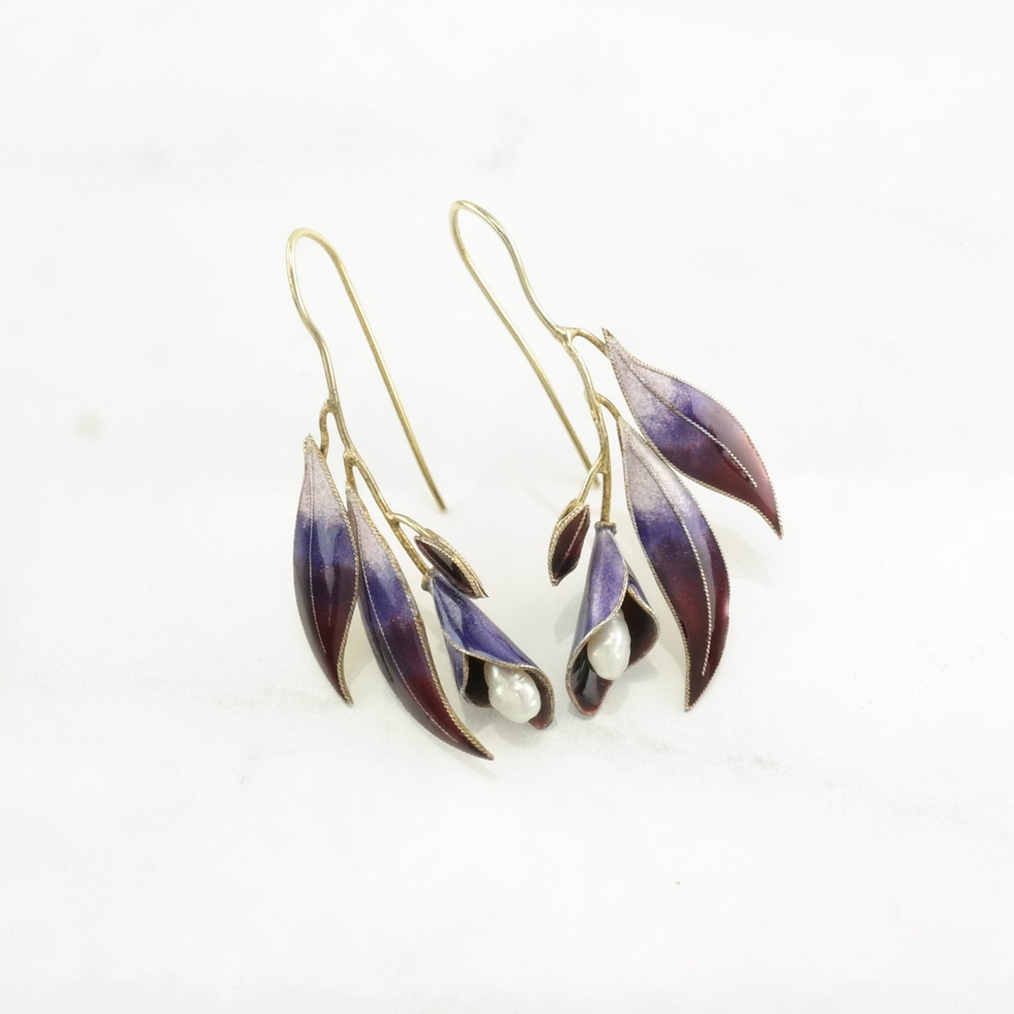 Vintage Sterling Silver Fish hook Earrings Purple Enamel, Pearl Floral