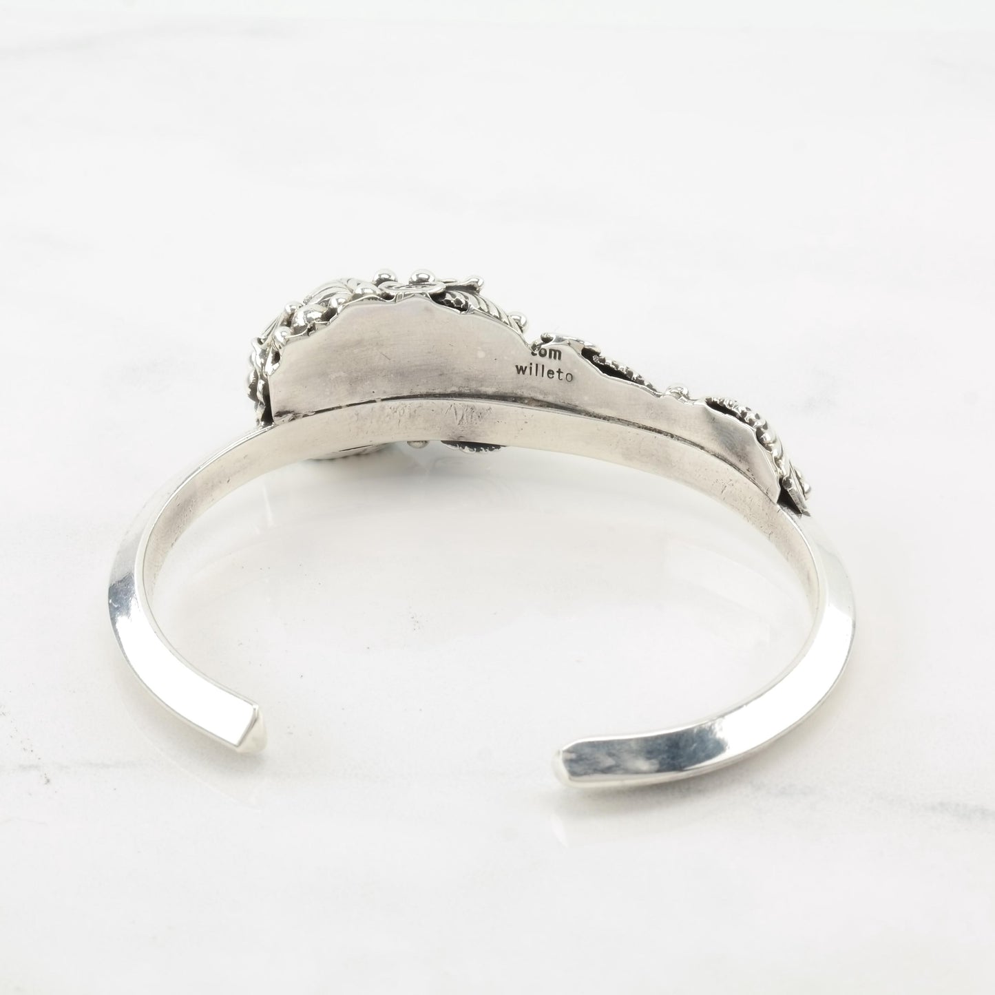 Native American Blue Turquoise Floral, Feather Sterling Silver Cuff Bracelet