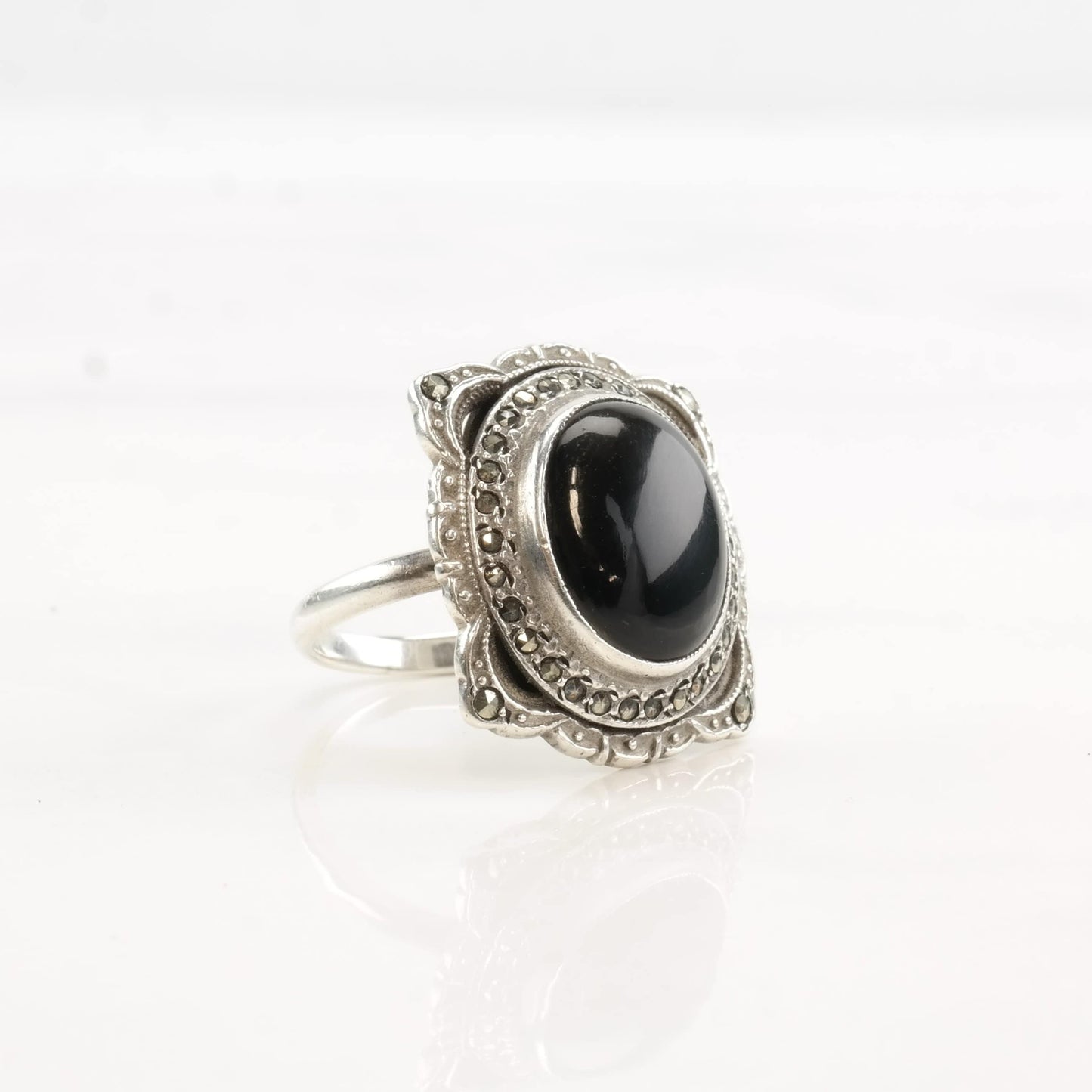 Art Deco Silver Ring Onyx Marcasite Oval Sterling Black Size 4 1/2