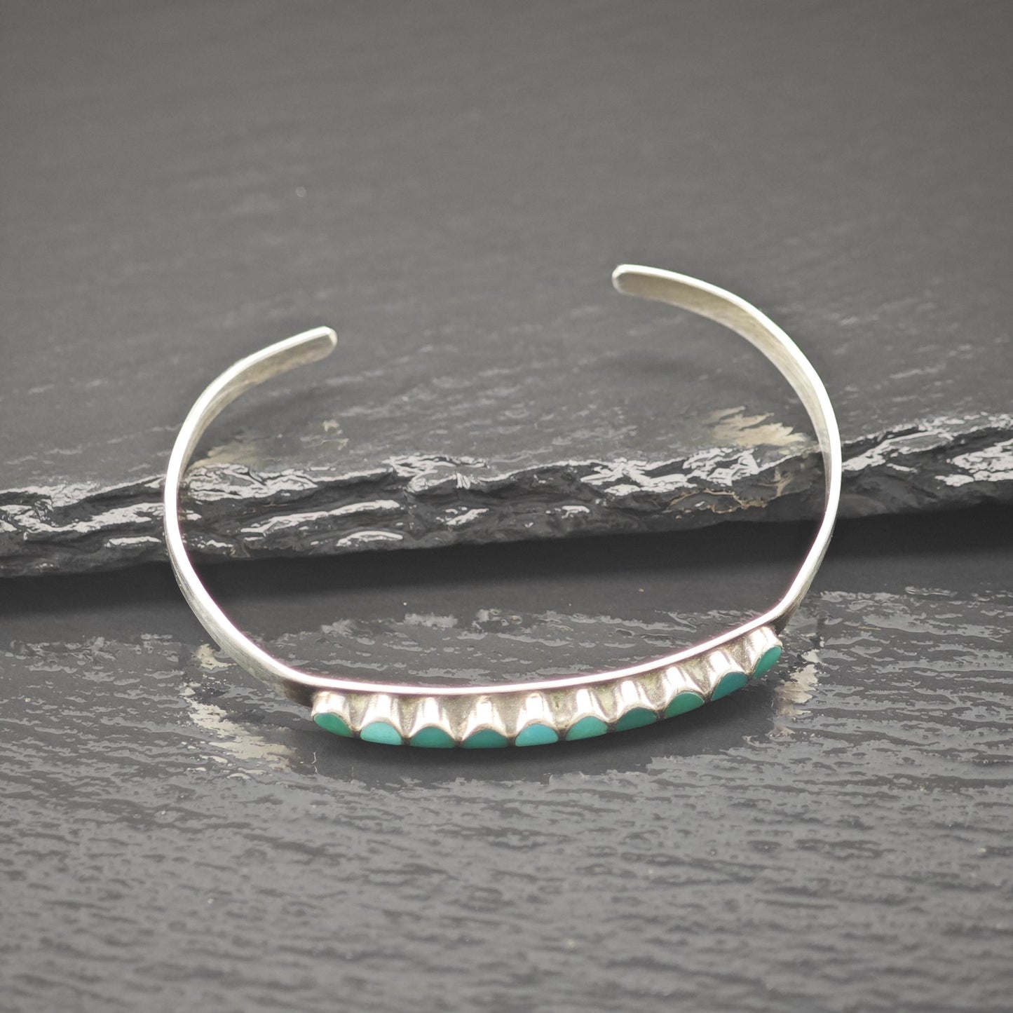 Native American Green Turquoise Inlay Cluster Cuff Bracelet Sterling Silver