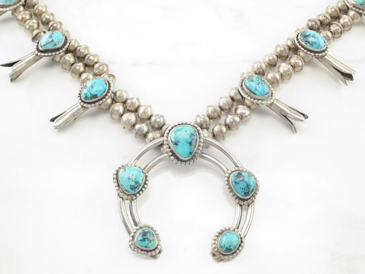 Vintage Native American Sterling Silver Blue Morenci Turquoise Squash Blossom Necklace