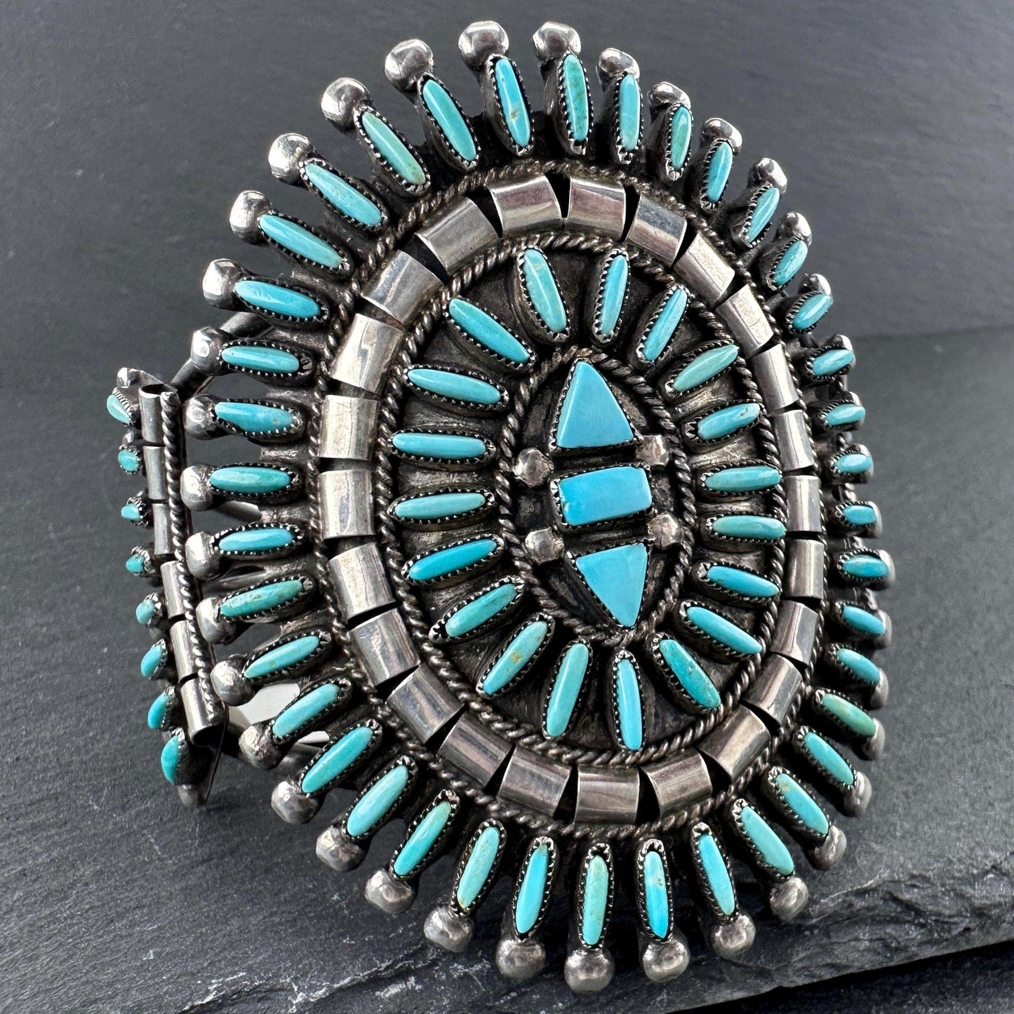 Native American Zuni Sterling Silver Cuff Bracelet Blue Turquoise Needlepoint Cluster