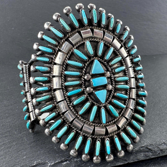 Native American Zuni Sterling Silver Cuff Bracelet Blue Turquoise Needlepoint Cluster