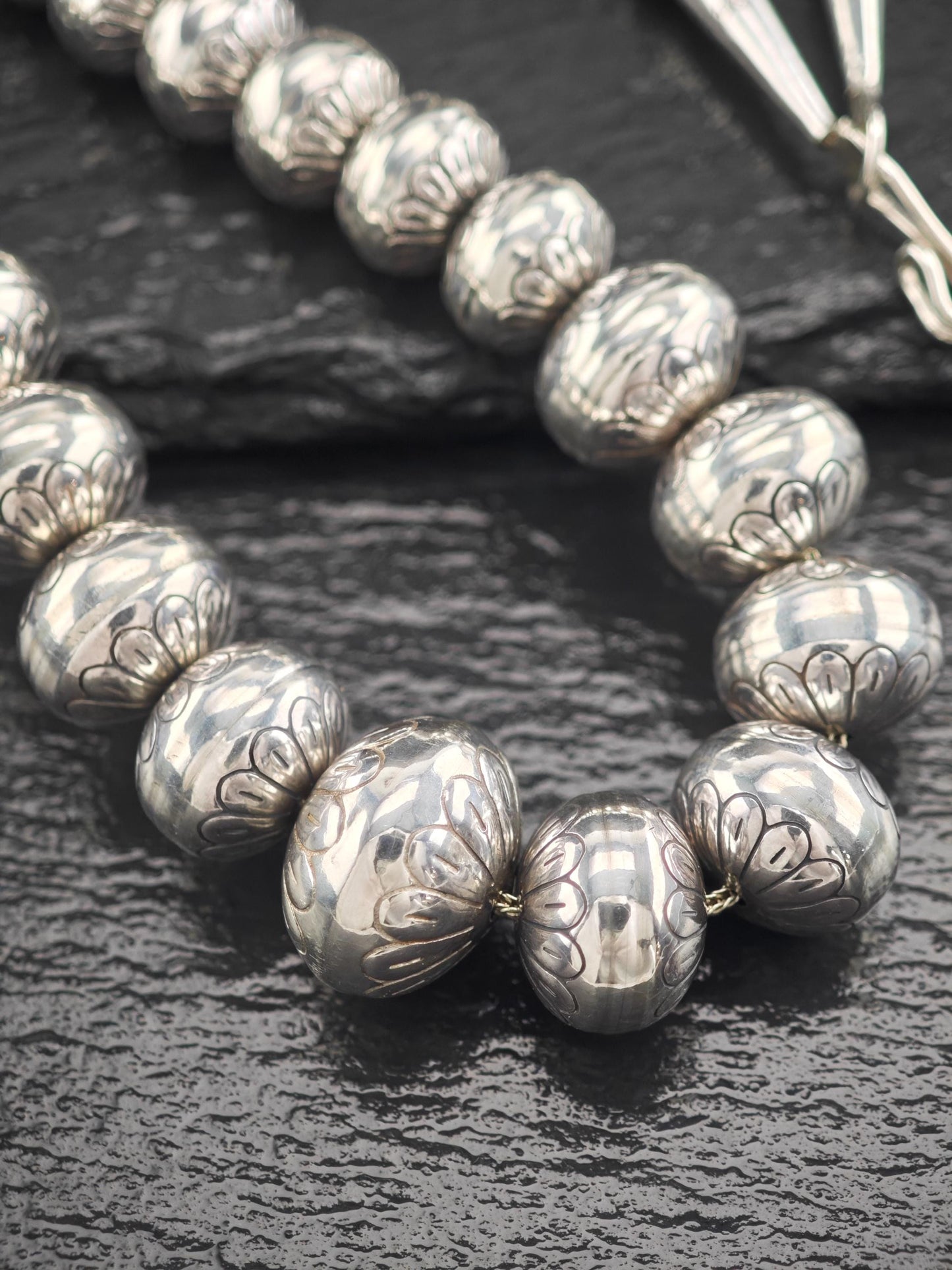 Native 17-8mm, Graduated Stamped Beaded, Necklace Sterling Silver N2512