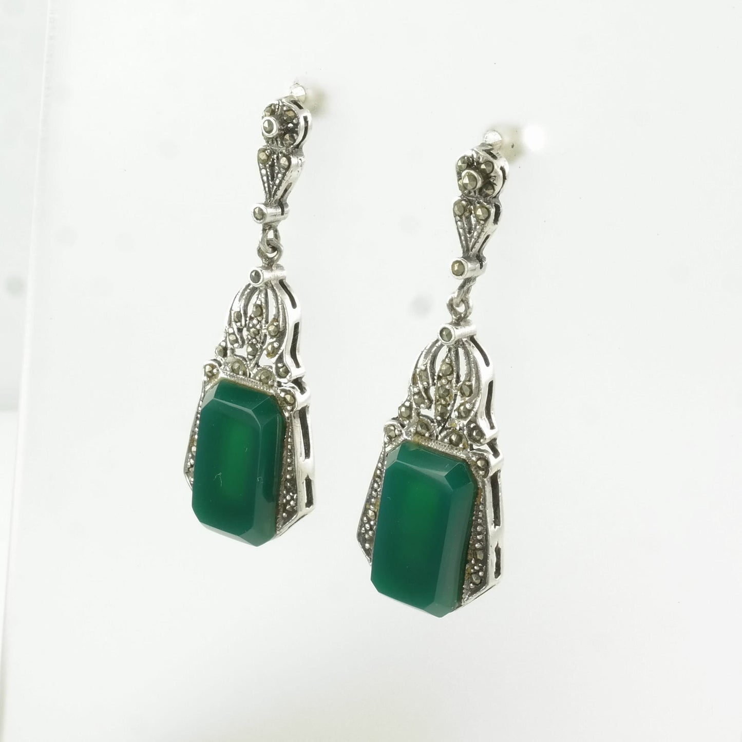 Art Deco Style Sterling Silver Green Chrysoprase Marcasite Earrings Stud/dangle