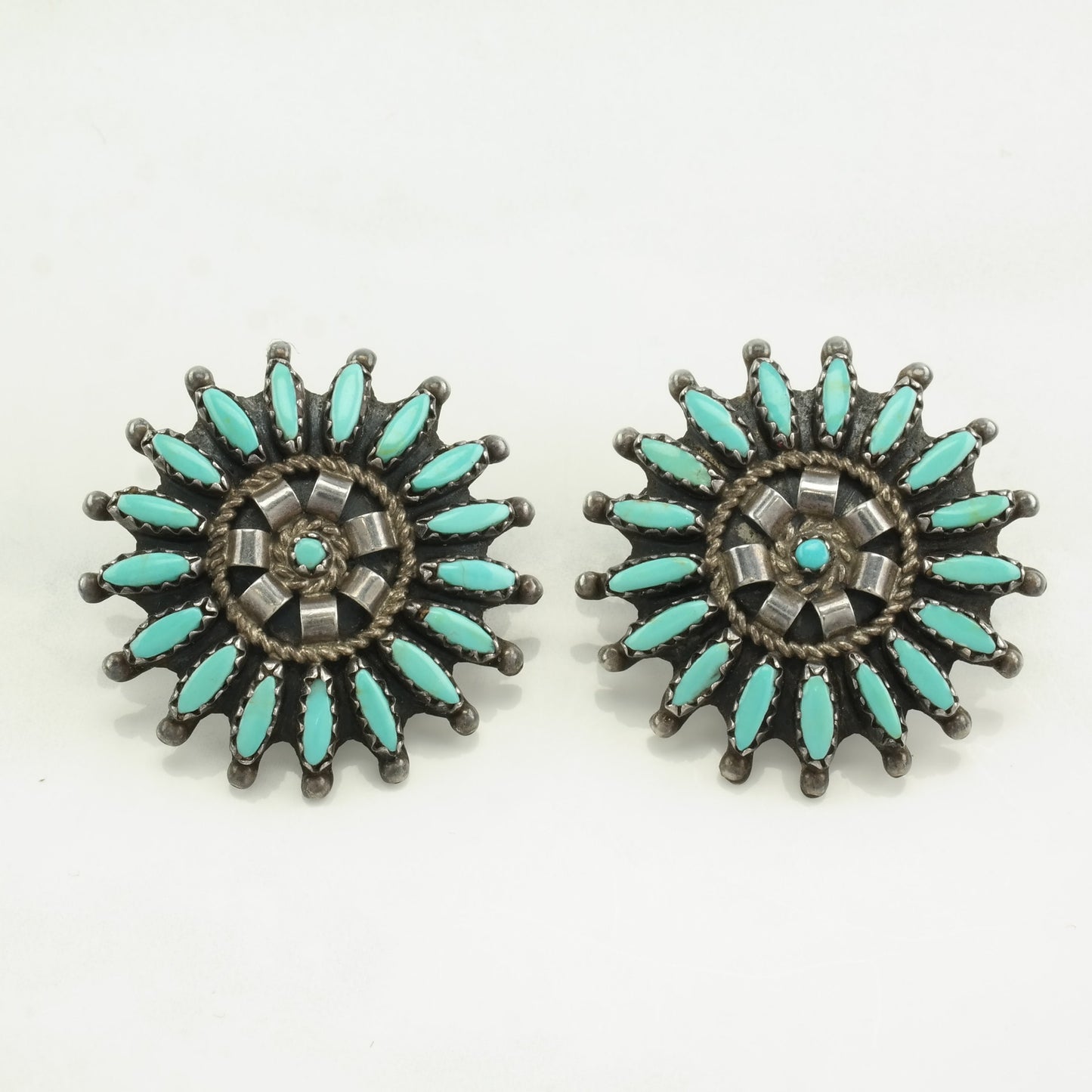 Native American Sterling Silver Blue Turquoise Petit Point, Floral Earrings Stud