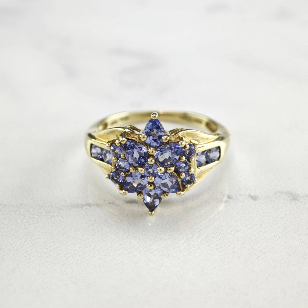 Tanzanite Cluster 10K Gold Ring Sz 6 3/4 R6780