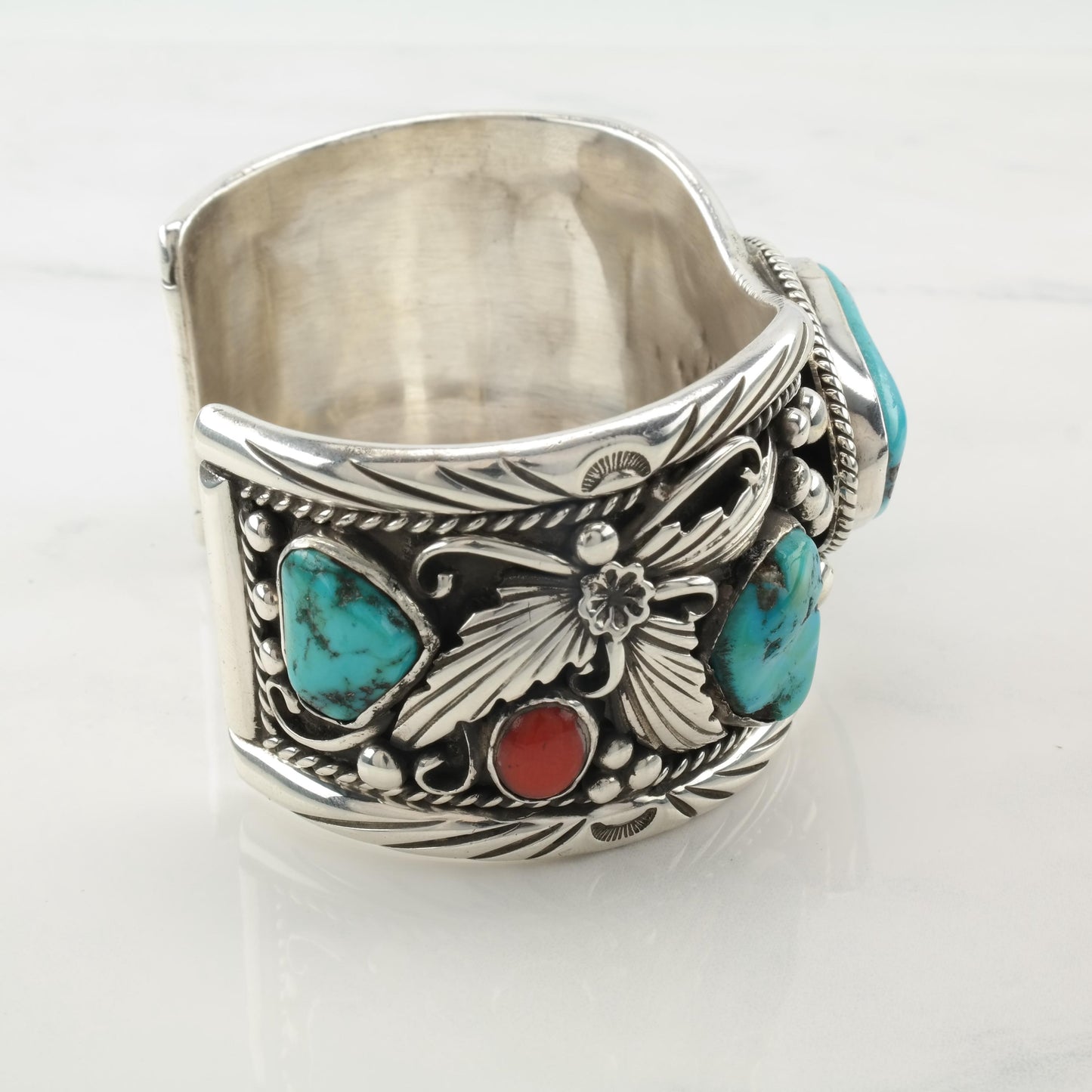 Native American Cuff Bracelet Sterling Silver Turquoise Coral Platero Navajo