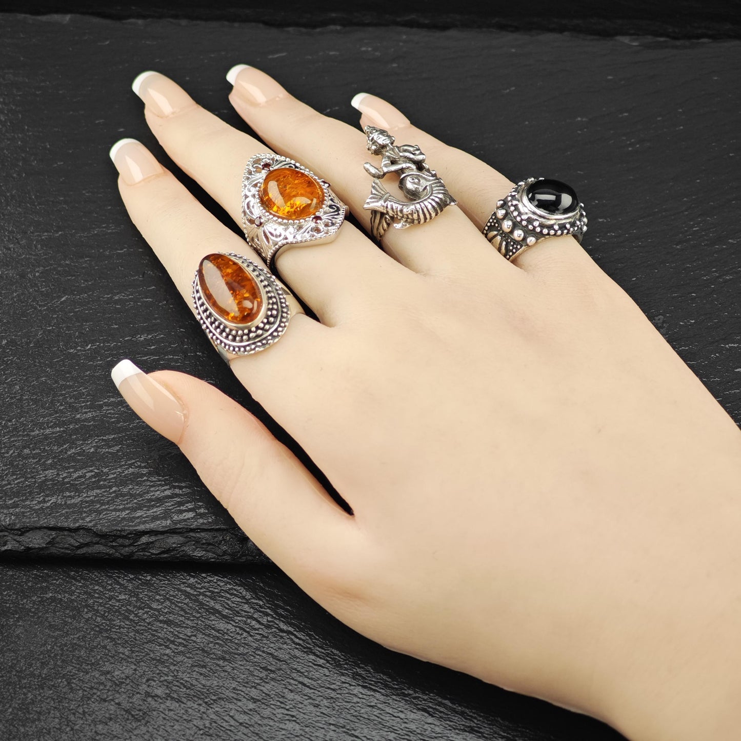 BBJ Amber Ruby Ring Sterling Silver Filigree Sz 6 1/4 R6090