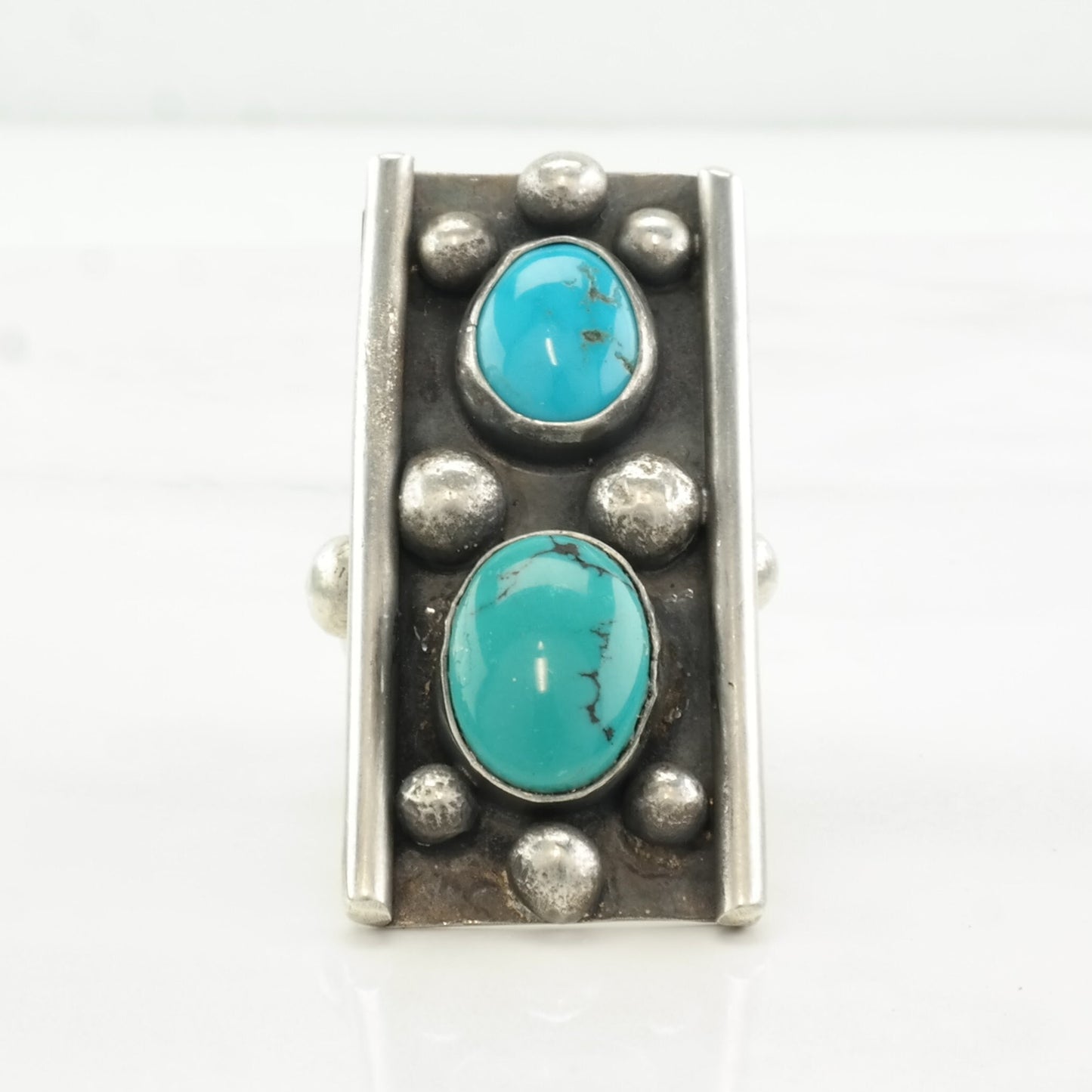 Vintage Native American Ring Turquoise Abstract Sterling Silver Size 8 1/4