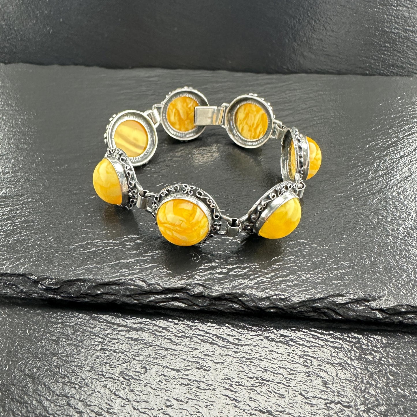 Vintage Baltic Amber Sterling Silver Dome Link Bracelet
